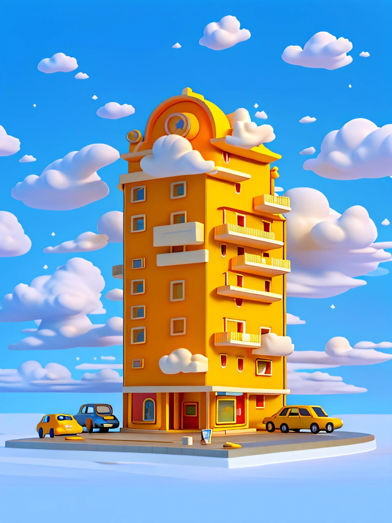 (Meisterwerk), (beste Qualität), (Extrem detailliert) Einfaches Cartoon-Hotelgebäude, Hotel Flachbau, Spielzeugmodell, Wolken, Autos, Draufsicht, sauberer Hintergrund, Blassgelbe und blassorange Gebäude,