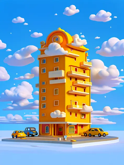 (Masterpiece), (Best Quality), (Ultra Detailed) Simple Cartoon Hotel Building, Hotel Low-rise Building, Toy Model, Clouds, Cars,...