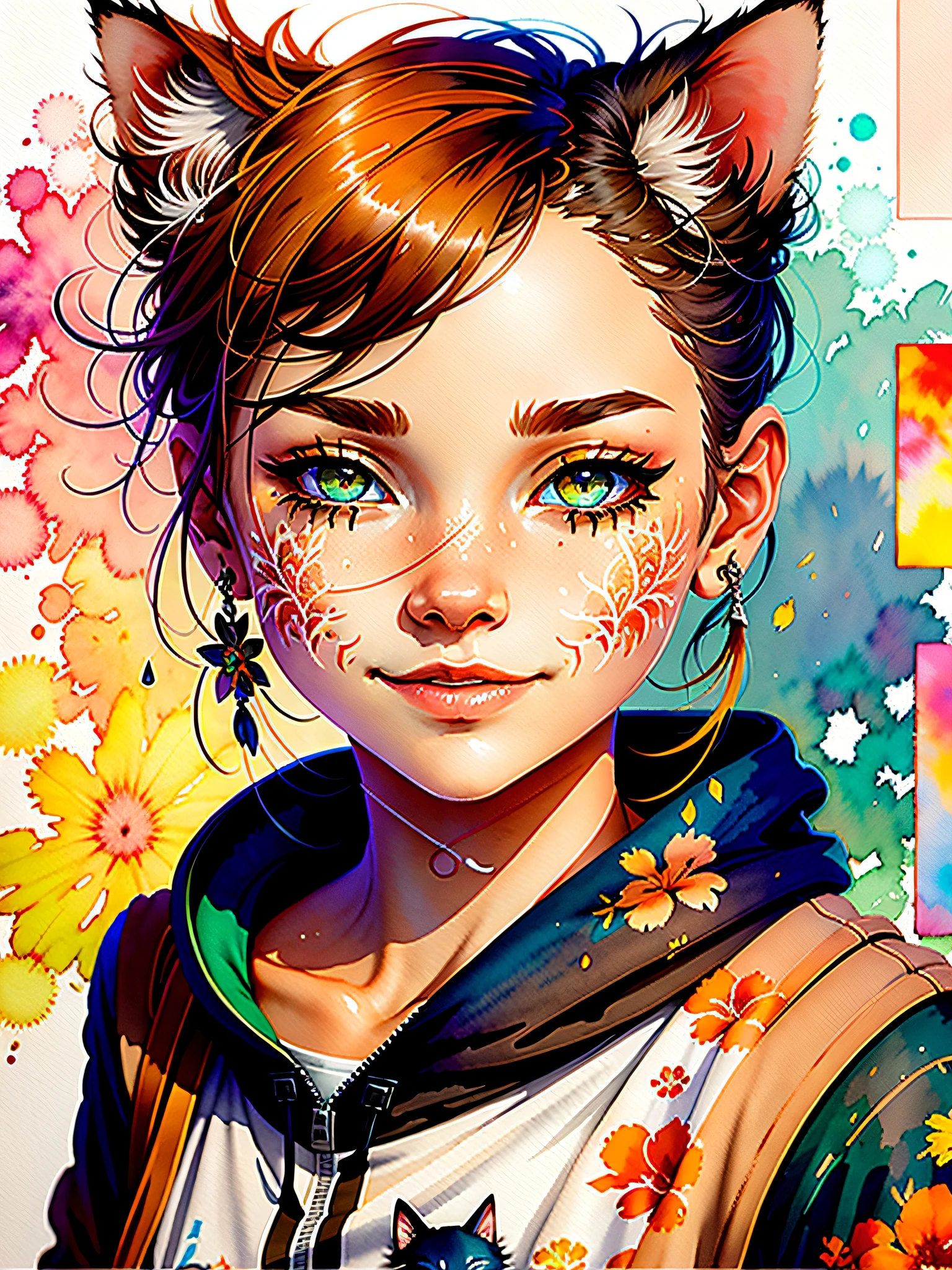 estilo wtrcolor, arte digital de (personaje gato), arte oficial, frente, sonrisa, obra maestra, Hermoso, ((acuarela)), pintura de la cara, salpicadura de tinta, detalles intrincados. ojos muy detallados, [goteo:0.5], tendencia en artstation, Raquel Walker