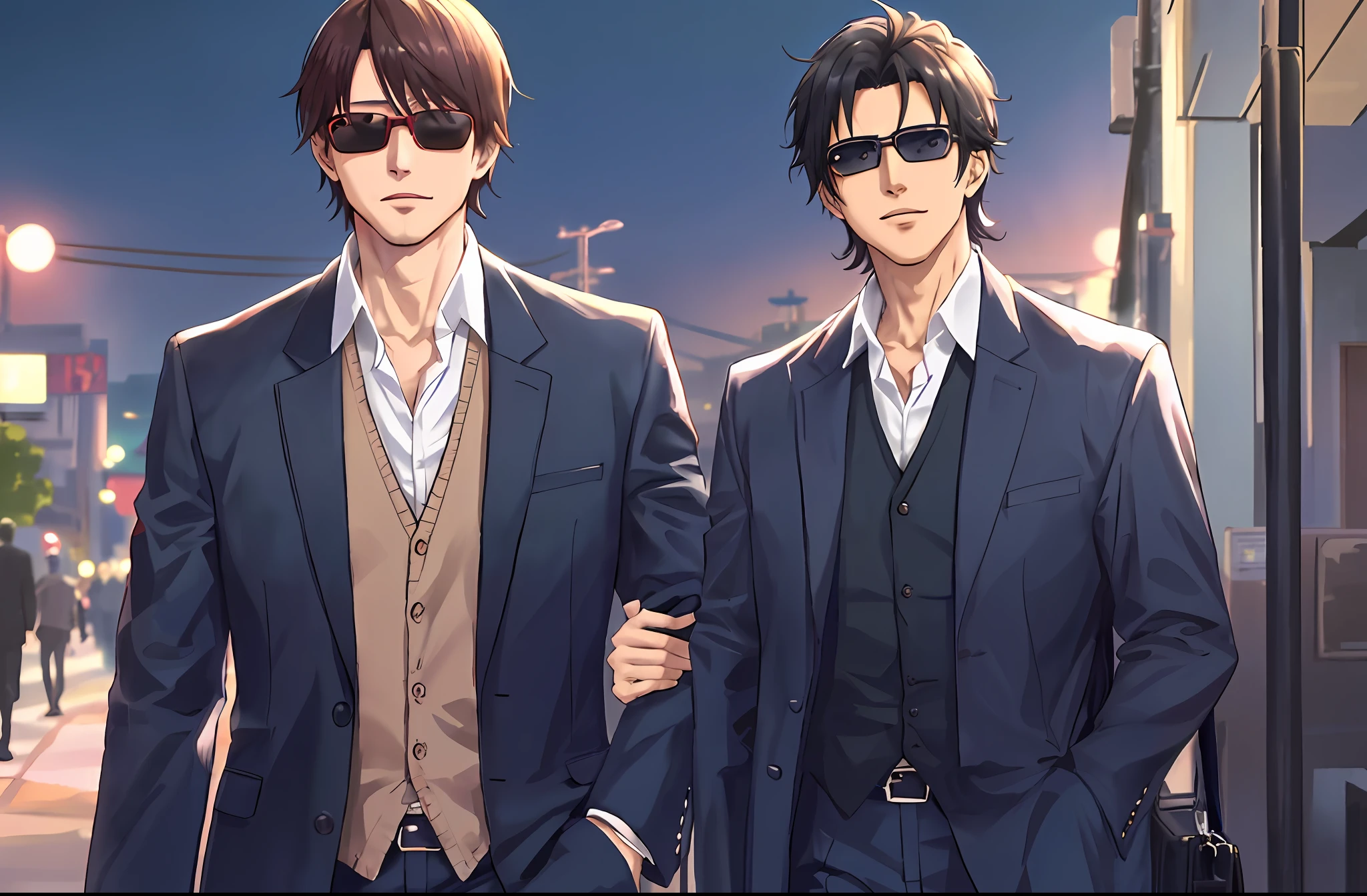 Two men in suits and sunglasses walking down a street - SeaArt AI