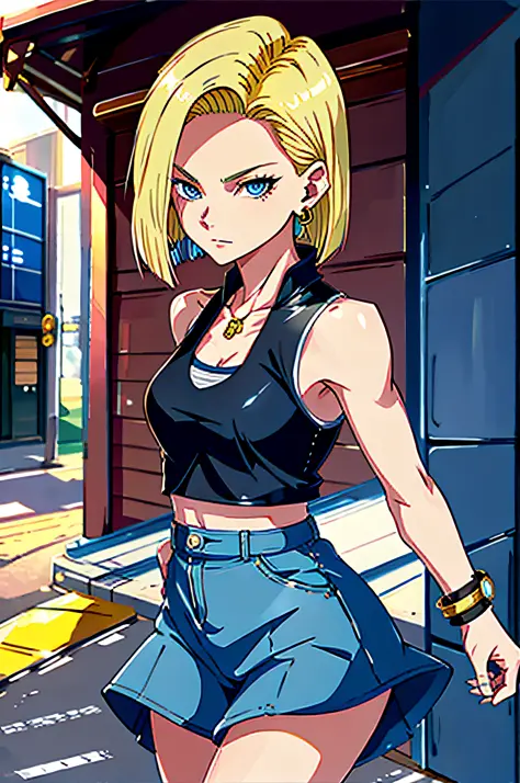 best quality, highres, and18, 1girl, android 18, solo, blonde hair, blue eyes, short hair, earrings, jewelry, medium breasts, co...