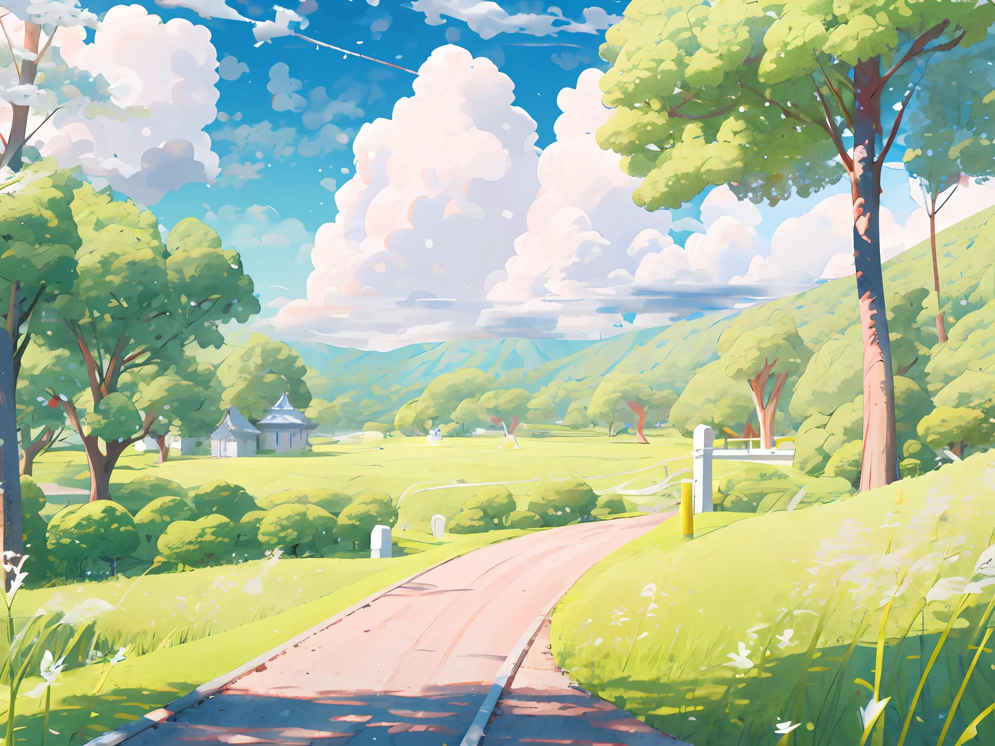 (Japanese Landscape), (Hayao Miyazaki Style), cartoon, modern countryside, roads, curves, low houses, trees, poles, white clouds, calm landscape, outdoors, green trees, epic composition, realistic lighting, high-definition detail, masterpiece, the best quality, (very detailed CG unified 8k wallpaper), clay texture, clean background, natural light, best quality, ultra detail, 3d art, c4d, blender, oc renderer, 3d render, 8k