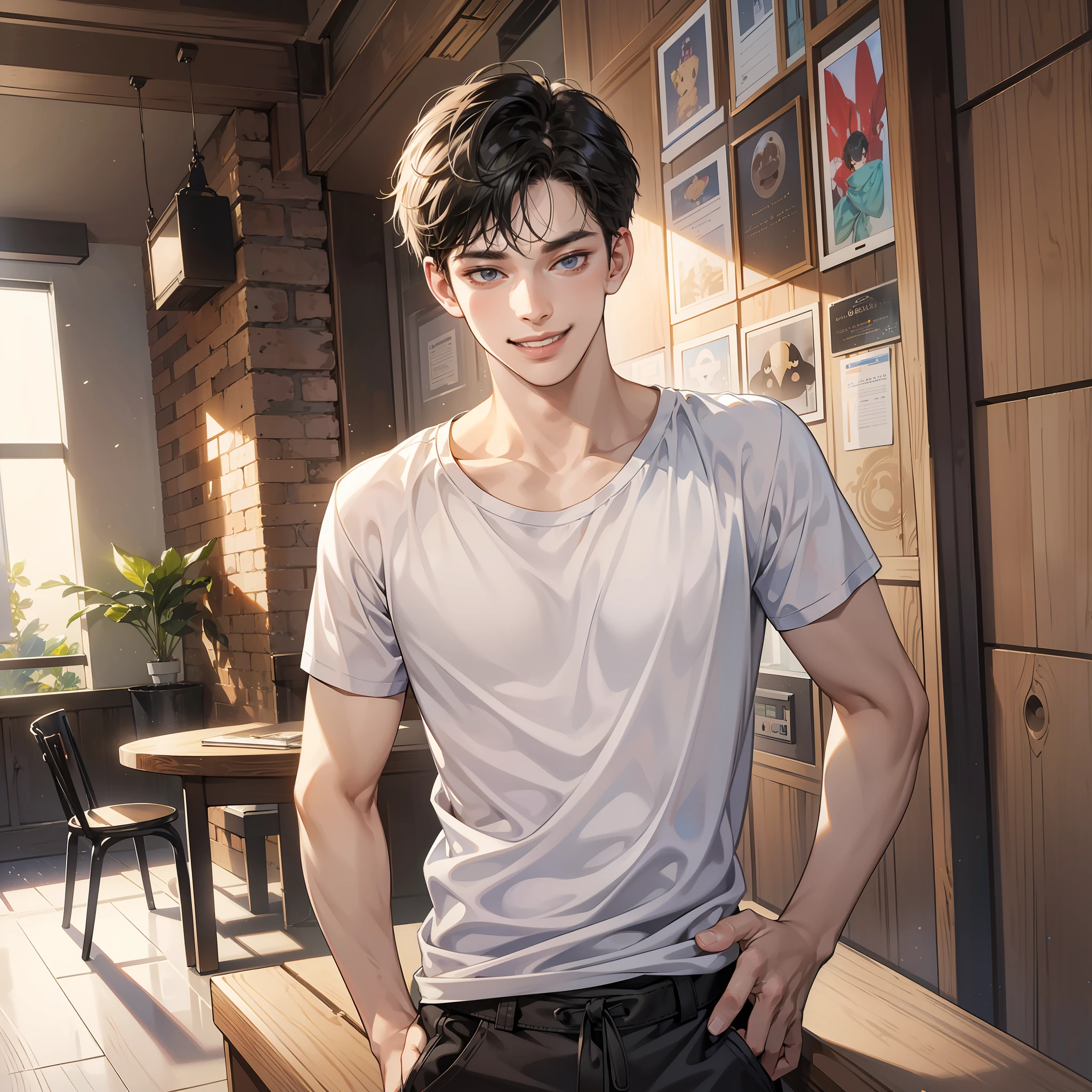 Masterpiece, high quality, best quality, HD, realistic, perfect lighting, detailed face, detailed body, 1 man, short black hair, white t-shirt, (smile emoji: 1.5) (face happy: 1.5), standing in front of a table, all money, room