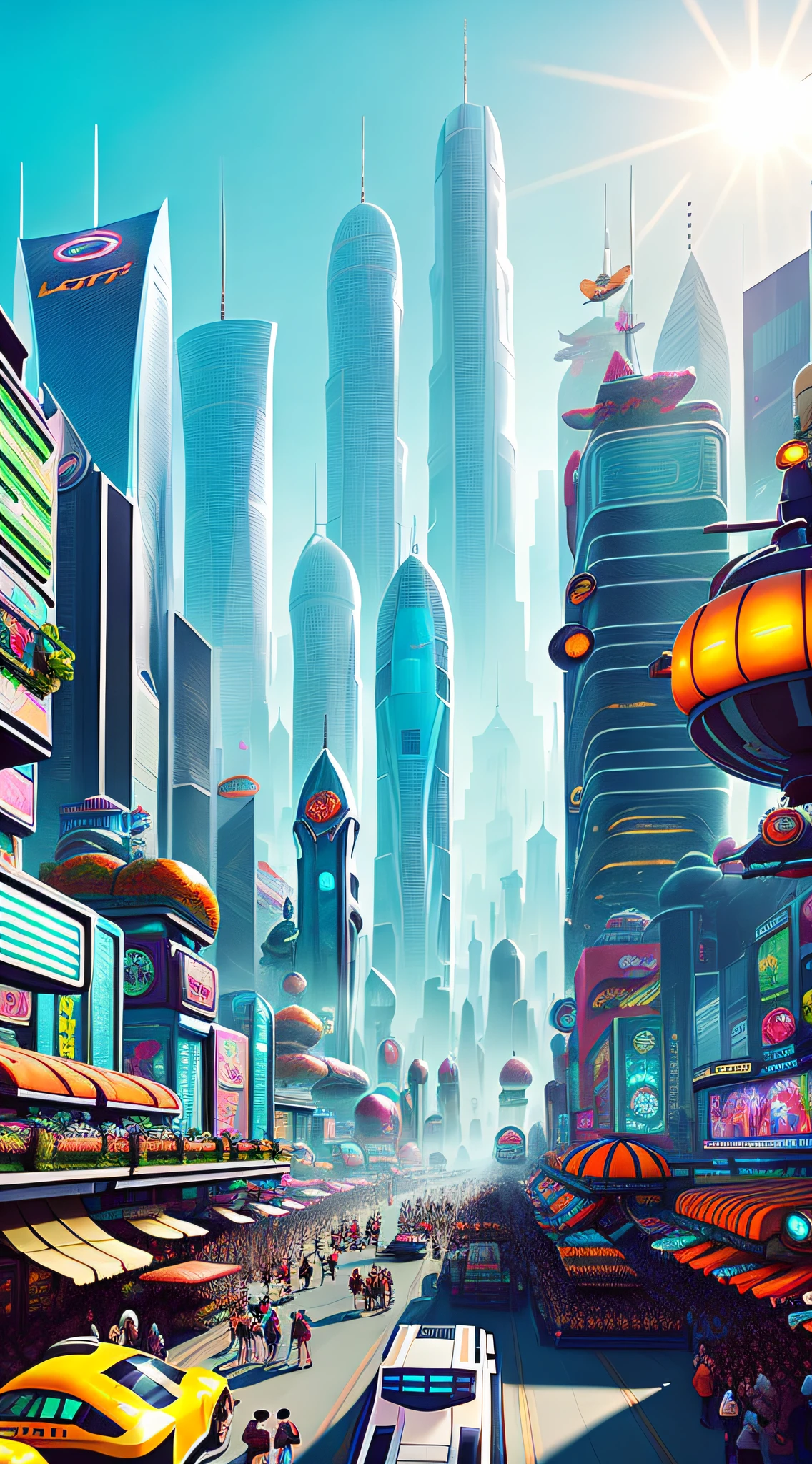 A bustling futuristic cityscape with floating skyscrapers and hovercars zooming between them. In the center of the city is a massive outdoor marketplace, filled with colorful stalls selling a wide variety of bizarre alien goods. The overall tone is lighthearted and whimsical, by Justin Maller