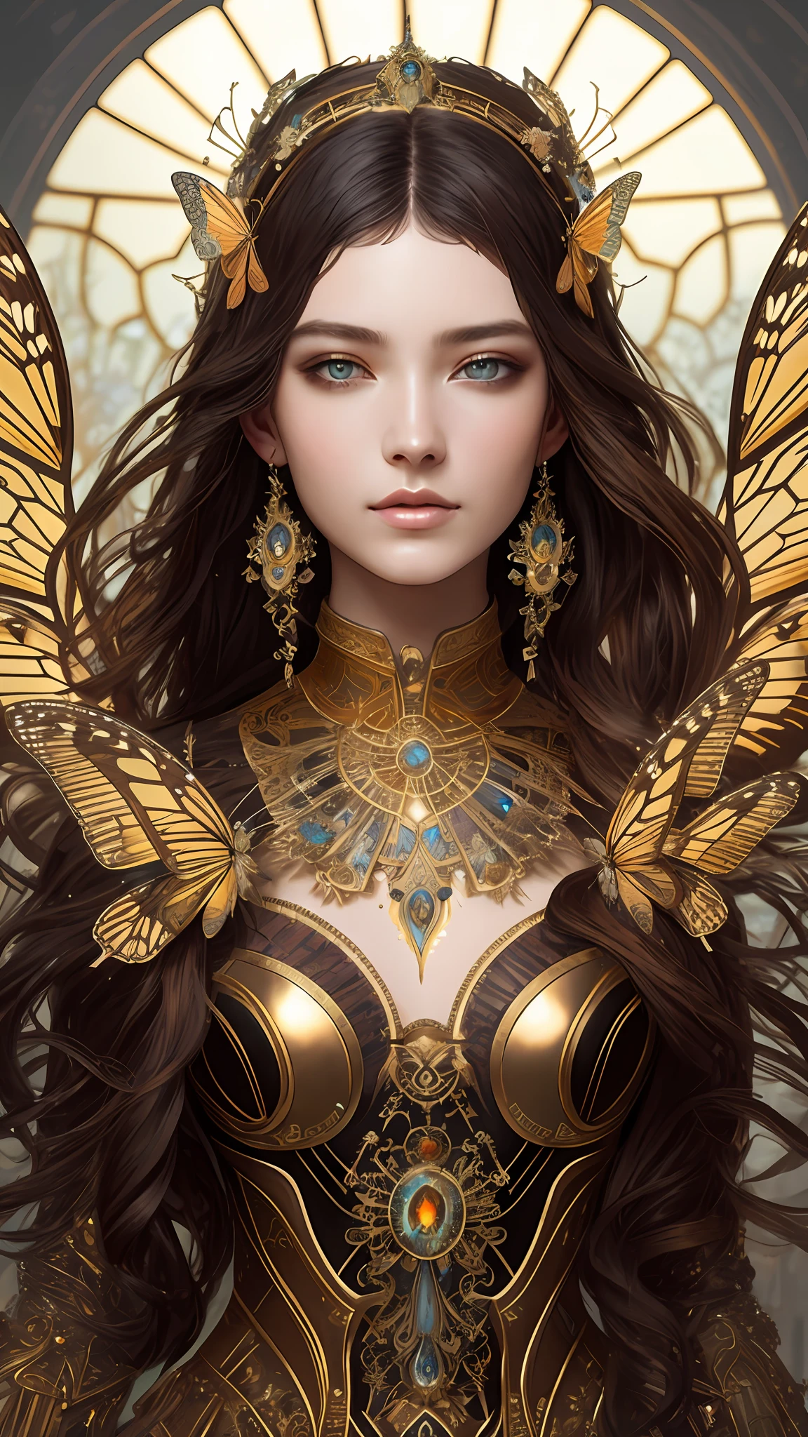 8K portrait of a beautiful cyborg with brown hair, intricate and elegant, very elaborate, majestic digital photograph, art surreal painting by artgerm, Ruan Jia and greg Rutkowski Gold butterfly filigree, broken glass (masterpiece, sidelights, elaborate beautiful eyes: 1.2), HDR