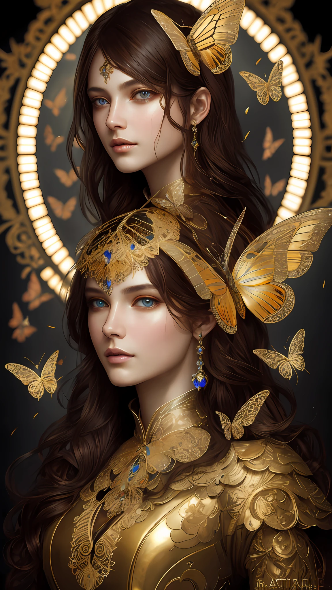 8K portrait of a beautiful cyborg with brown hair, intricate and elegant, very elaborate, majestic digital photograph, art surreal painting by artgerm, Ruan Jia and greg Rutkowski Gold butterfly filigree, broken glass (masterpiece, sidelights, elaborate beautiful eyes: 1.2), HDR