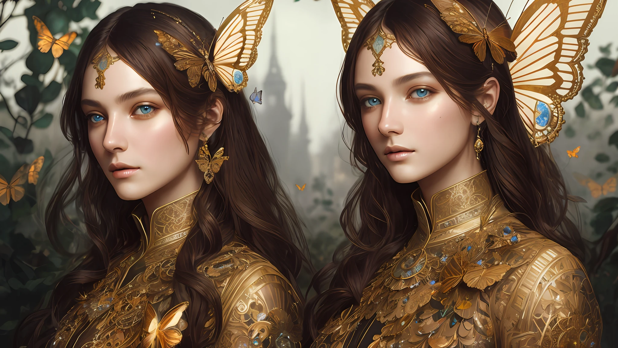 8K portrait of a beautiful cyborg with brown hair, intricate and elegant, very elaborate, majestic digital photograph, art surreal painting by artgerm, Ruan Jia and greg Rutkowski Gold butterfly filigree, broken glass (masterpiece, sidelights, elaborate beautiful eyes: 1.2), HDR