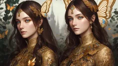 8K portrait of a beautiful cyborg with brown hair, intricate and elegant, very elaborate, majestic digital photograph, art surreal painting by artgerm, Ruan Jia and greg Rutkowski Gold butterfly filigree, broken glass (masterpiece, sidelights, elaborate be...