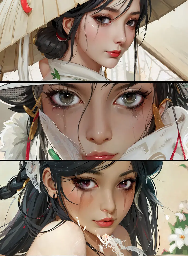 there are two pictures of a swedish sweaty girl with an umbrella and a cat, ((thick red lips)), ((azure eyes)), ((long ponytail)), ((platinum hair)), artwork in the style of guweiz, guweiz, beautiful character painting, guweiz on artstation pixiv, guweiz o...