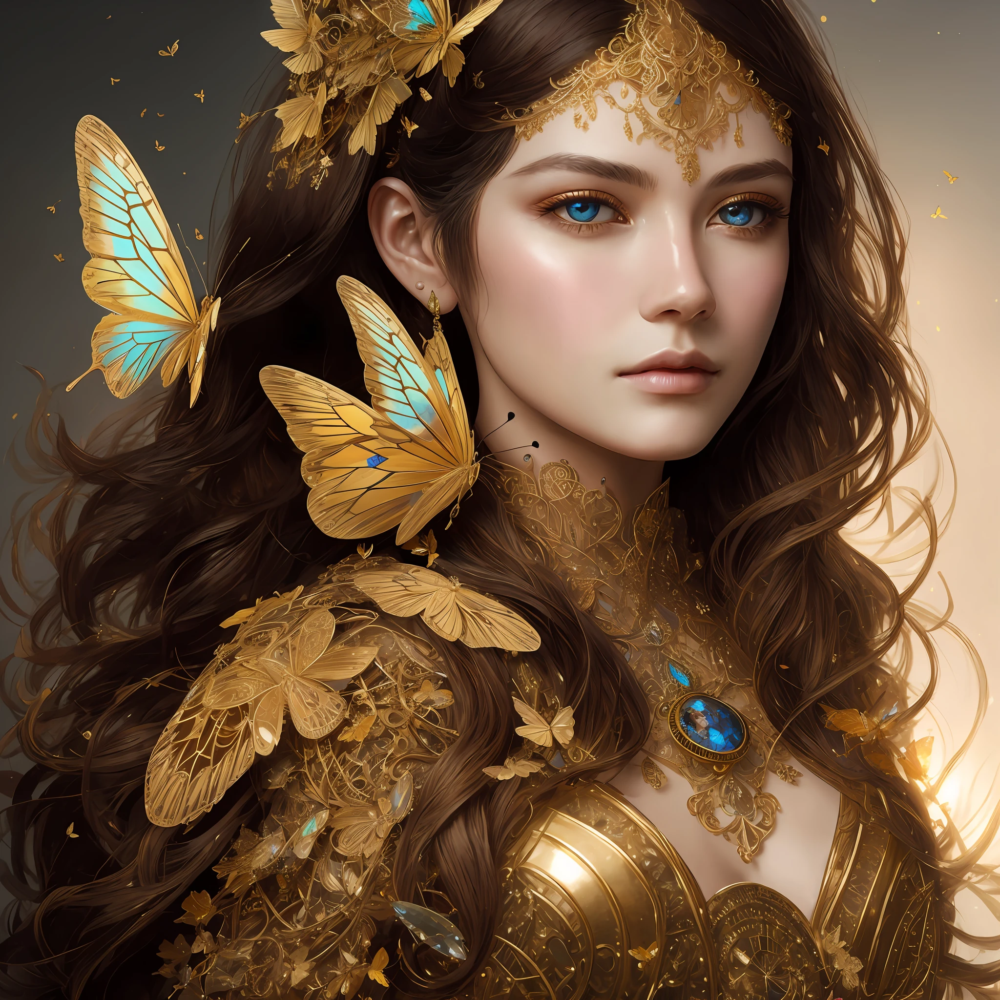 8K portrait of a beautiful cyborg with brown hair, intricate and elegant, very elaborate, majestic digital photograph, art surreal painting by artgerm, Ruan Jia and greg Rutkowski Gold butterfly filigree, broken glass (masterpiece, sidelights, elaborate beautiful eyes: 1.2), HDR
