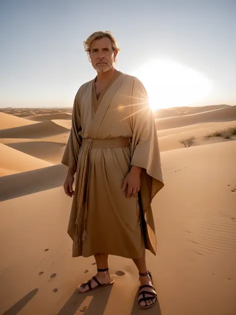 closeup portrait of a man in robes standing on a desert dune, lens flare, sandals, bandana