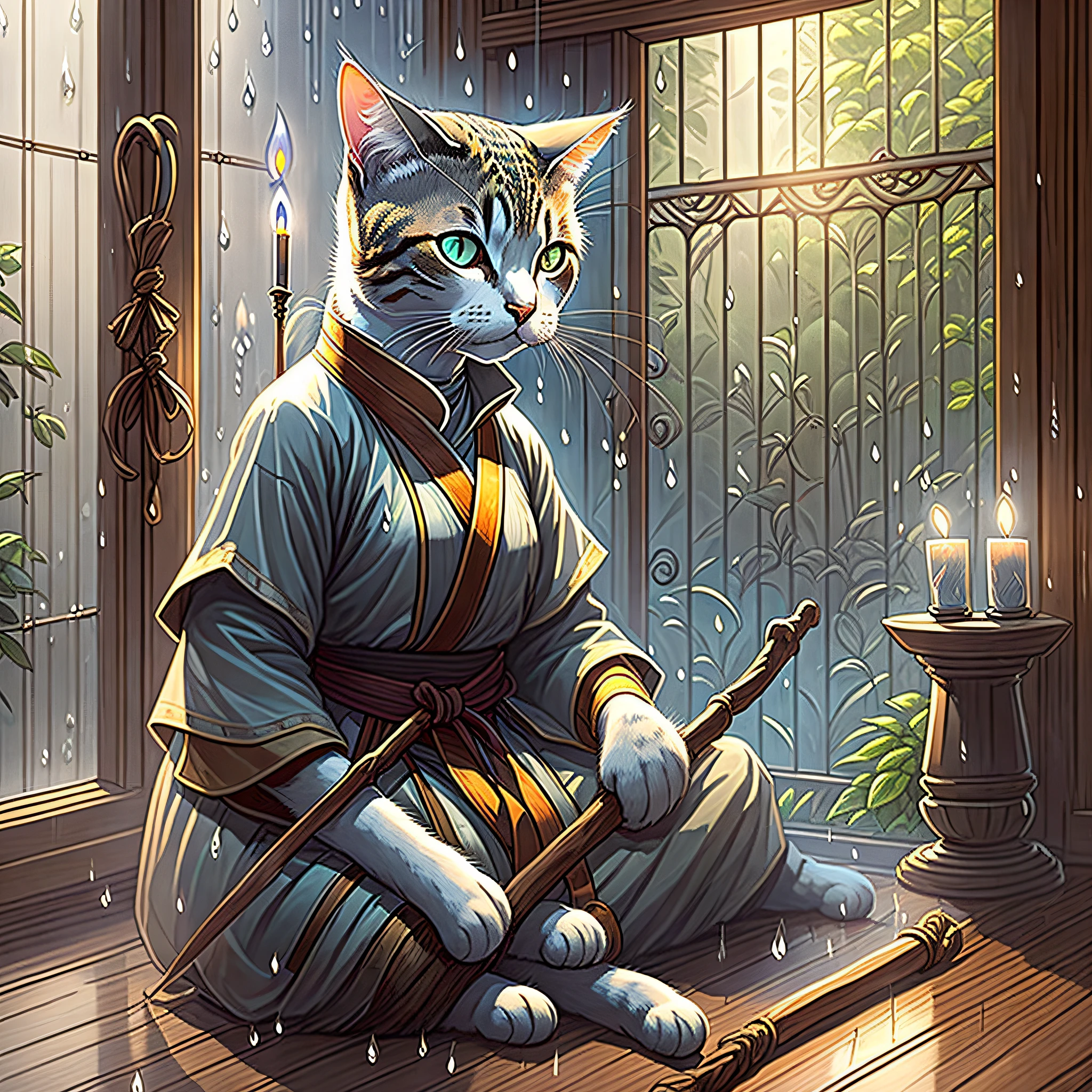 Anime cat sitting on the floor in front of a window - SeaArt AI