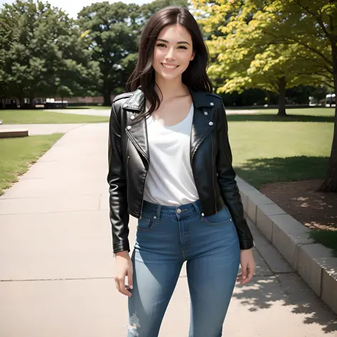 araffe woman in a black leather jacket and jeans posing for a picture, leather jacket and denim jeans, wearing a black leather j...