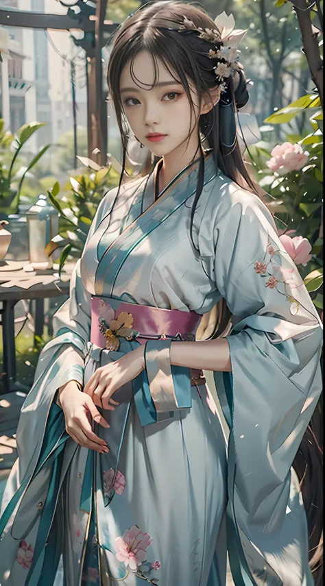 There was a girl in a blue Hanfu，A flower stuck in his hair, palace ...