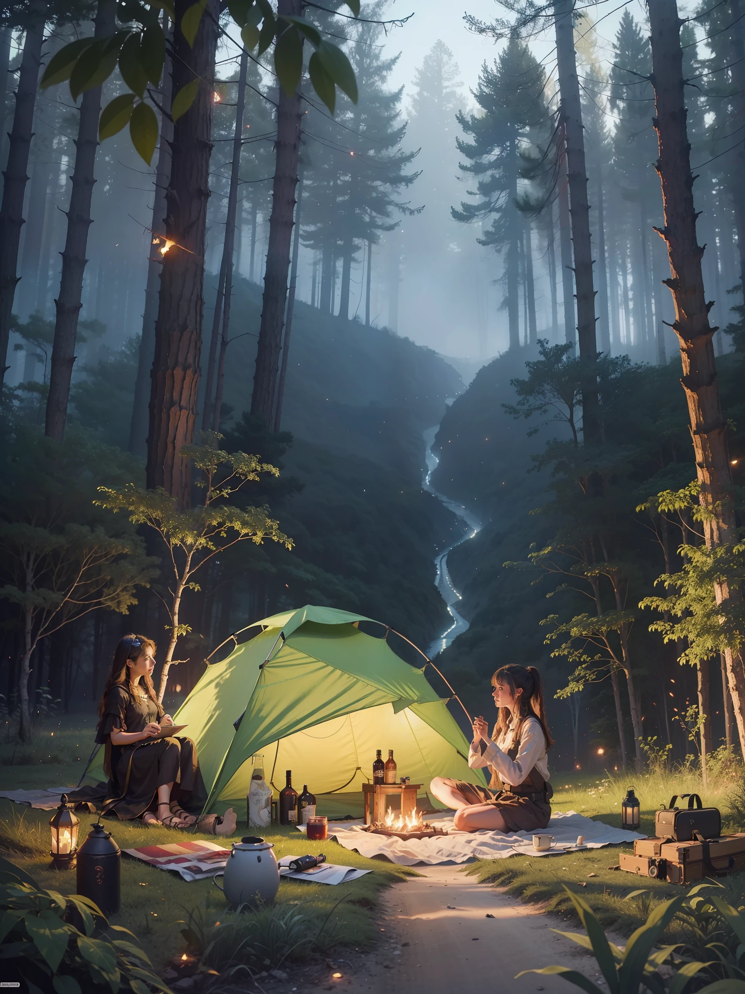 Night Low 1.3, Dark Night: 1.3, 2 Girls, Firefly, Forest, Bonfire, (Travel Lady), Trees, Mounts, Tent, Pinic, Adventure, Solo Exhibition, Official Art, Unity 8k wallpaper, super detailed, beautiful and beautiful, masterpiece, best quality, realistic,