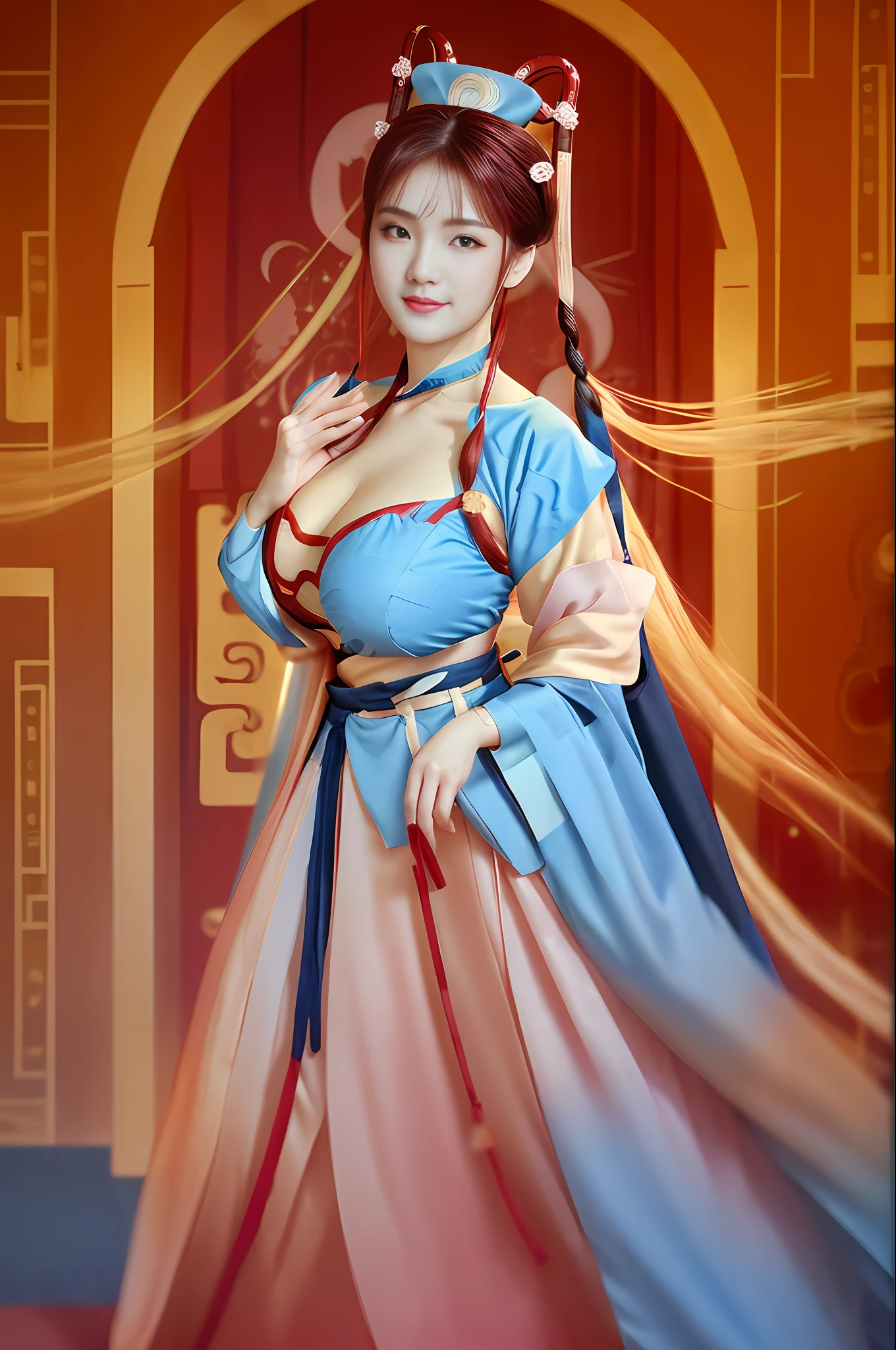 ((wide shot)), (full body), 1 girl, [(blue ru_qun:1.4):(hanfu:1.4):0.2], (huge  under clothes), beautiful face, pink cheeks, pretty lips, perfect face, perfect eyes, perfect nose, perfect mouth, highly detailed, comprehensive cinematic, Detailed digital painting, pearl skin, black choker, red hair ornament , white detail dress , (blue obi:1.4), (very beautiful detailed face), joyful mood, detailed eyes, thick eyebrows, red eye shadow, sparkling eyes, looking at the viewer, smile, (soft chin: 0.85) , long hair, blunt bangs, braids, golden hair ornaments.