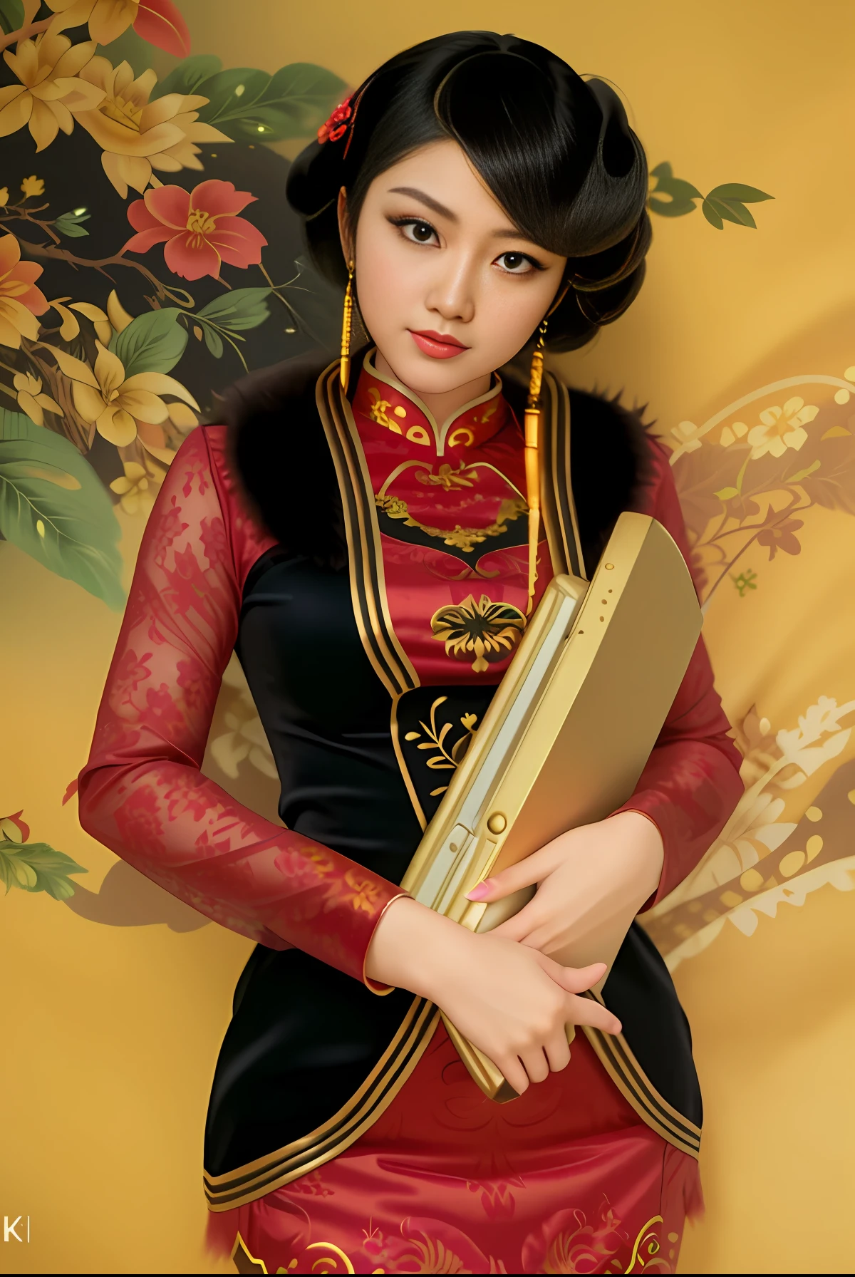 Realistic, high resolution, 1 girl in gorgeous cheongsam, (fur), (original photo, complex ultra-detailed costumes: 1.4, extremely gorgeous costumes), 1930s Shanghai, Vintagepunk sofa, vintagepunk lights, vintagepunk lights, vintagepunk background, movie lights, neon lights, masterpiece, perfect anatomy, perfect face, abstract beauty, illustrations, best quality, (official art, very detailed CG Unity 8k wallpaper), very detailed, ridiculous, 8k resolution, ((reality))), ((reality))), popular on art radio