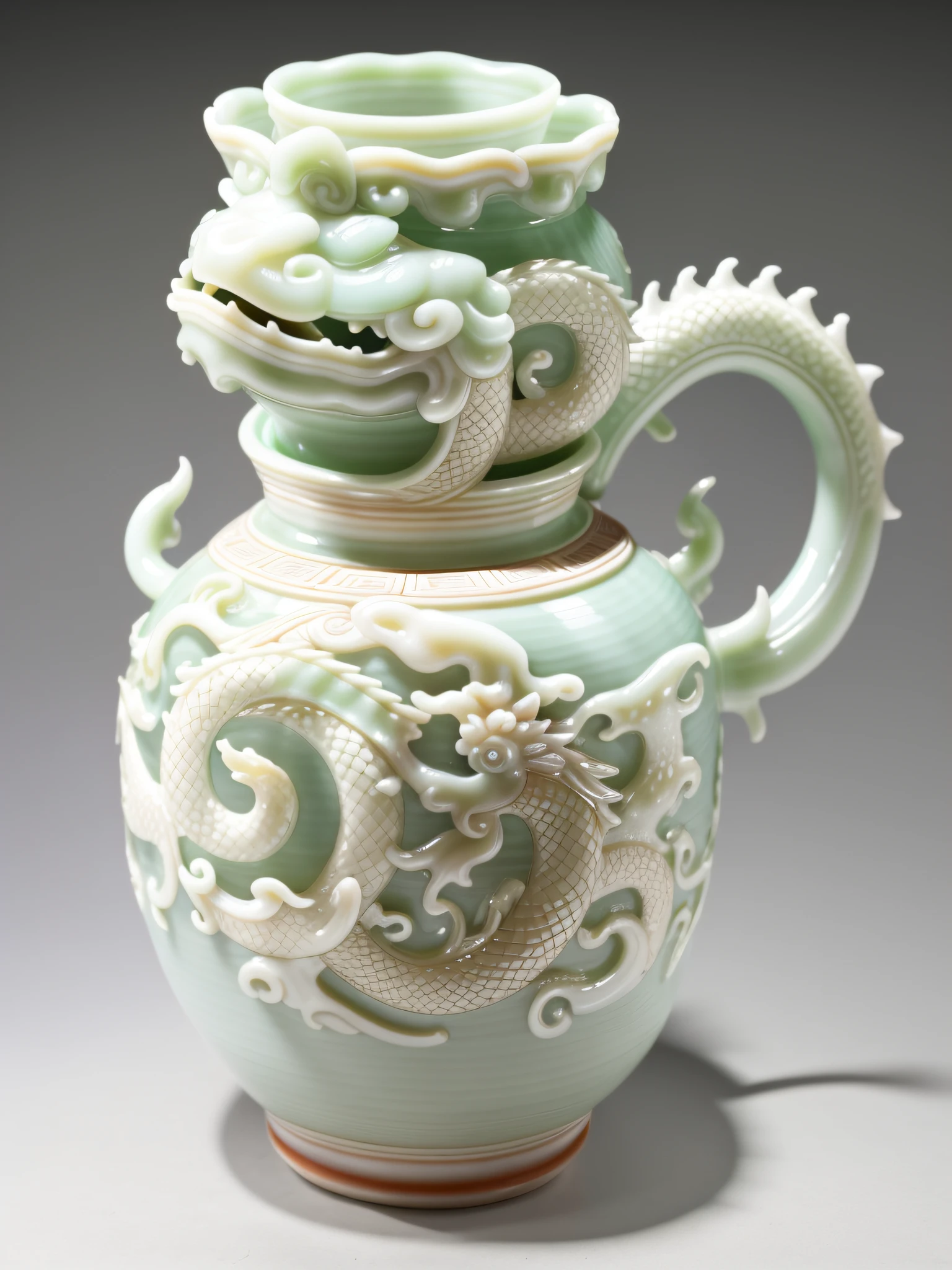 4k photo, Chinese dragon jade vase, (Chinese dragon) (jiaolong), side light, telephoto, studio light, (green jade), humid fog in the corners of the image, intricate details, 4k HD, Chinese style Smooth texture Extreme light and shadow (jade) cute, super cute, (jade) (tri-coloured glazed pottery of the Tang Dynasty)
