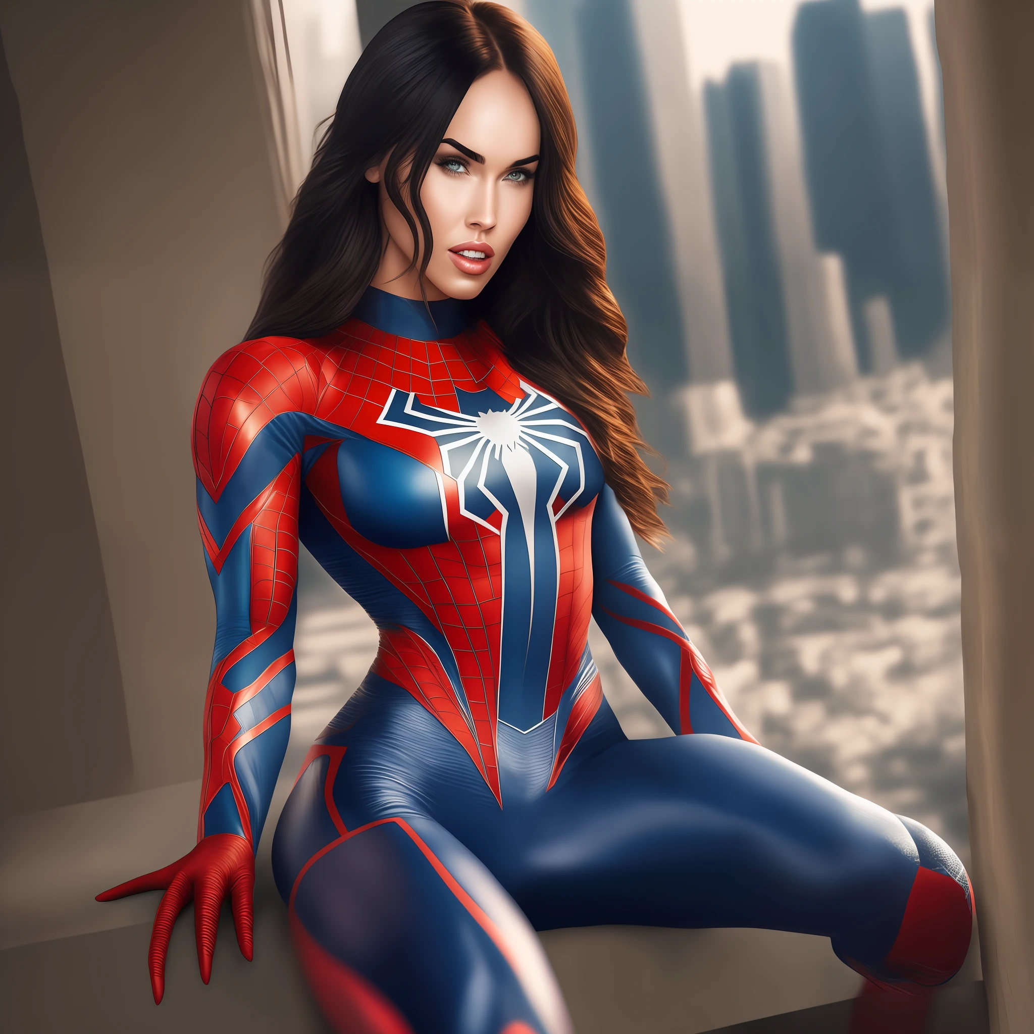 A woman in a spider - man suit sitting on a window sill - SeaArt AI