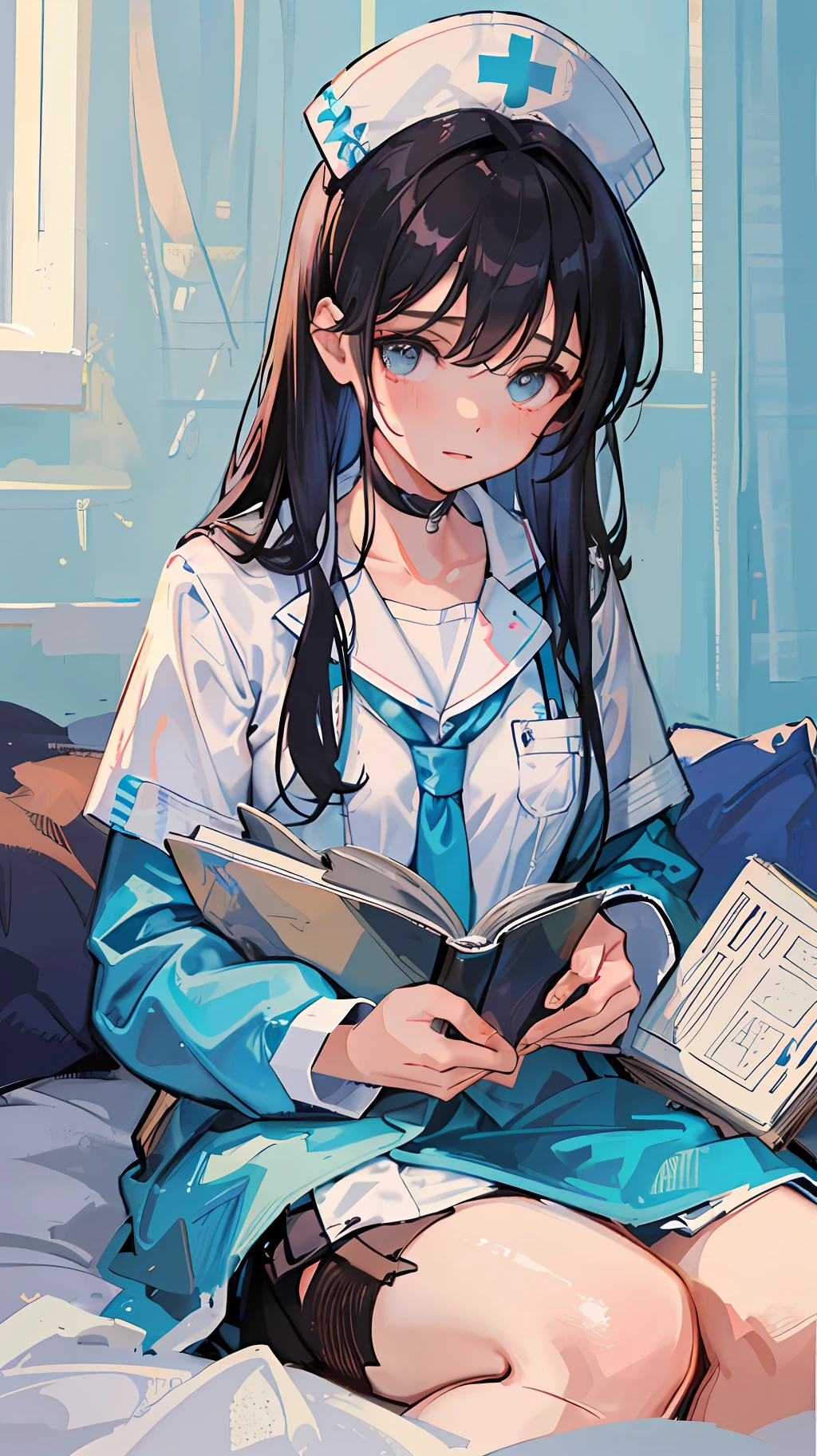 The girl was wearing a white nurse's outfit and sitting on the bed. She held a thick medical record in her hand and carefully flipped through it. The light blue curtains were gently blown by the breeze, casting a soft glow. The girl's face showed a hint of anxiety and exhaustion, but still revealed a sense of determination and concentration. On the wall behind her hangs a landscape painting of magnificent mountains and turquoise grasslands. The painting not only brightens the room, but also makes the girl feel a sense of serenity and comfort. Her gaze gradually became firm, and she seemed to be full of confidence and courage. Even though she is in the hospital, she is still working hard and contributing her to provide the best care for her patients. This girl showed the duties and mission of a nurse with her practical actions.