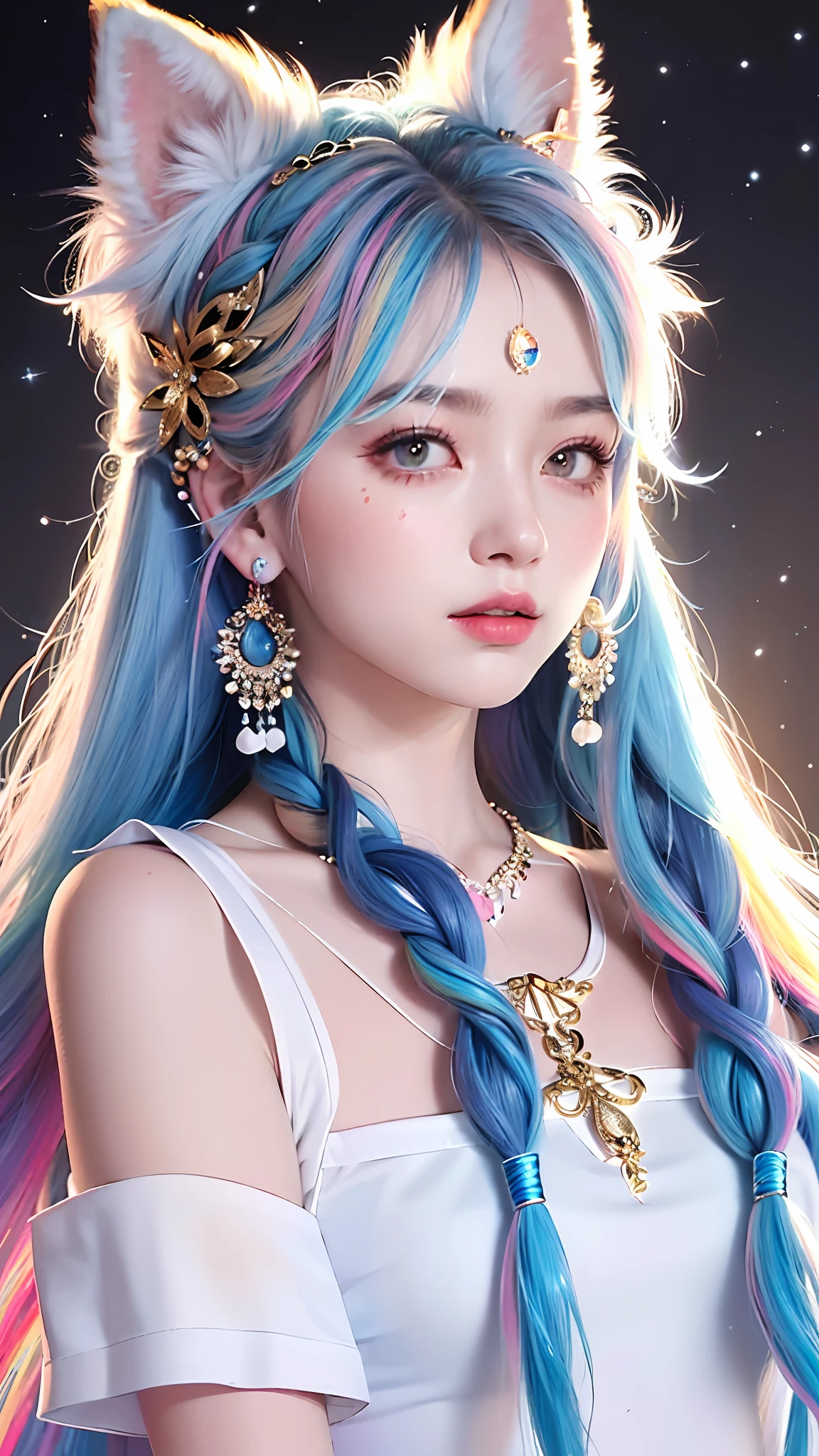 Masterpiece, Best Quality, High Resolution, (White Background: 1.4), [Glitter], [Looking at the Viewer, Portrait, 1 Sweet Chinese Girl], (Long Hair, Blue Hair, Wavy Curls, Multicolored Twisted Big Braid: 1.3, Furry Fox Ears, Air Bangs), White Off-the-Shoulder Short Sleeves, Delicate Facial Features, Pink Lips, Earrings, Necklace