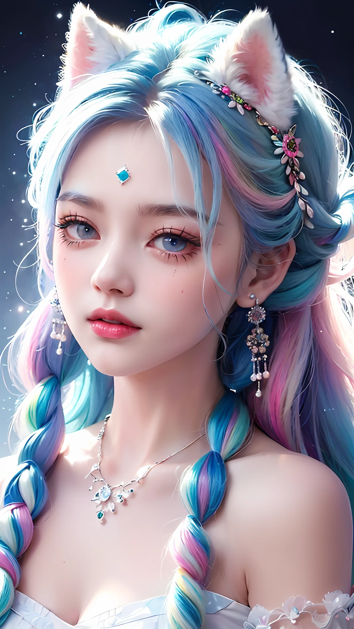 Masterpiece, Best Quality, High Resolution, (White Background: 1.4), [Glitter], [Looking at the Viewer, Portrait, 1 Sweet Chinese Girl], (Long Hair, Blue Hair, Wavy Curls, Multicolored Twisted Big Braid: 1.3, Furry Fox Ears, Air Bangs), White Off-the-Shoulder Short Sleeves, Delicate Facial Features, Pink Lips, Earrings, Necklace