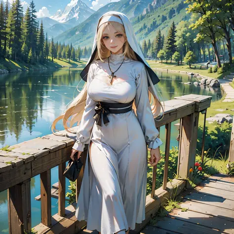 (masterpiece),(best quality:1.1),cowboy shot,1girl,smile,nun,standing,large breasts,kind and gentle eyes,platinum blonde hair,lo...