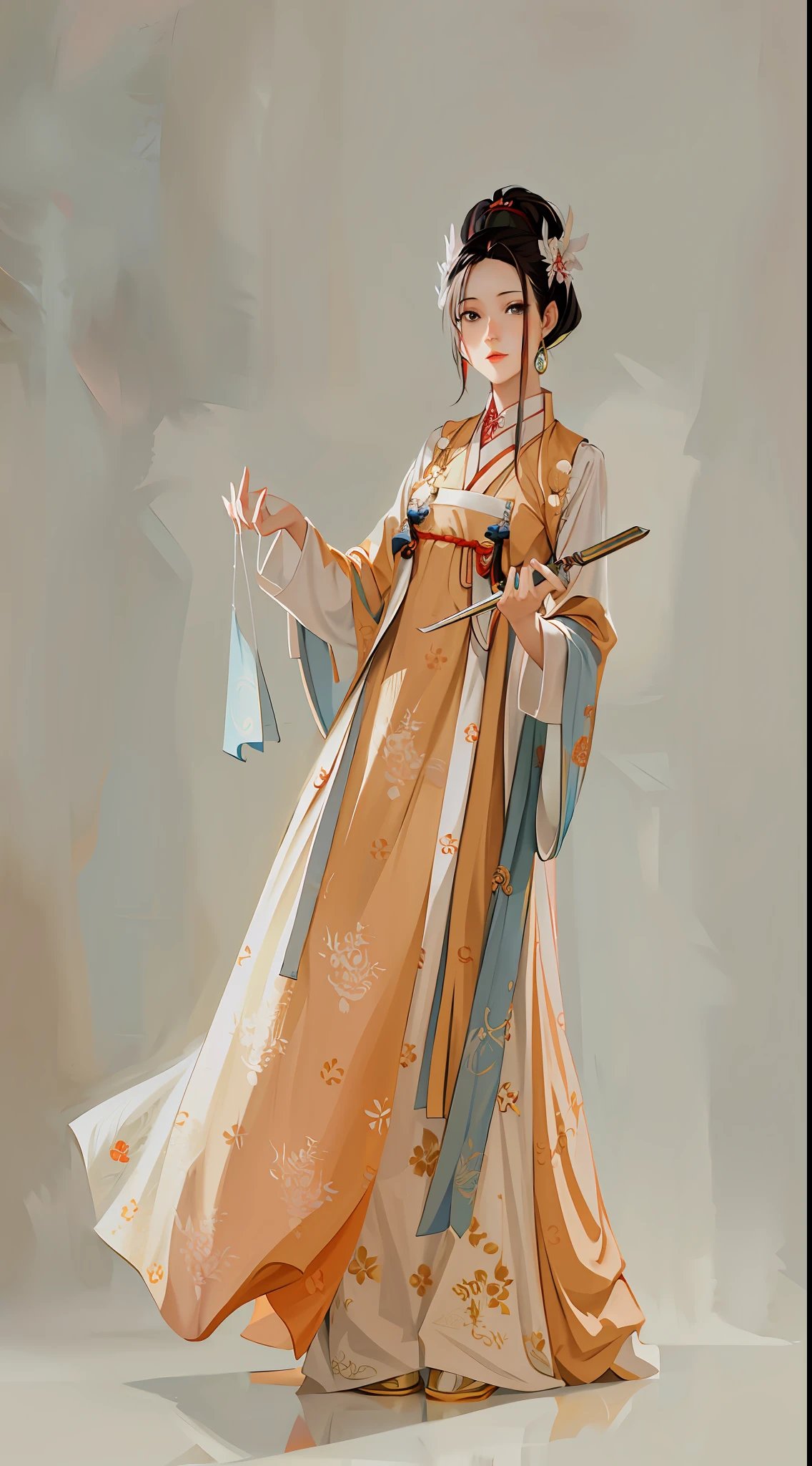 arafed woman in a long dress holding a knife and a piece of paper, hanfu, tang dynasty, traditional chinese clothing, wearing ancient chinese clothes, palace ， a girl in hanfu, with acient chinese clothes, chinese costume, white hanfu, inspired by Tang Di, traditional chinese, ancient asian dynasty princess, ancient chinese princess, chinese dress