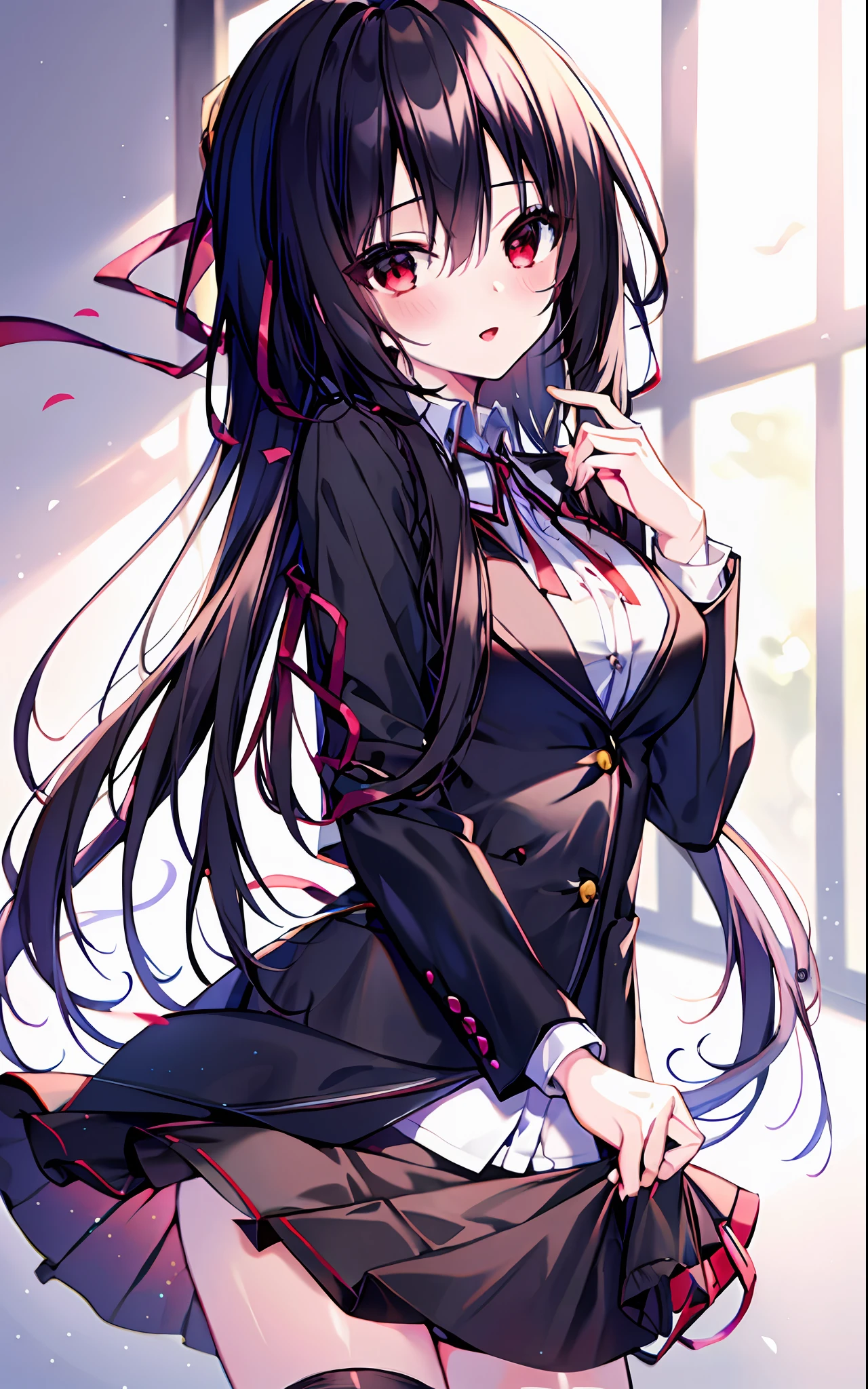 1 beautiful girl, masterpiece, top quality, 8K anime, detailed fingers, precise fingers, not unnatural hands, illustration, 1 girl, solo, black blazer, white shirt, red ribbon on chest, black mini skirt, KURUMI