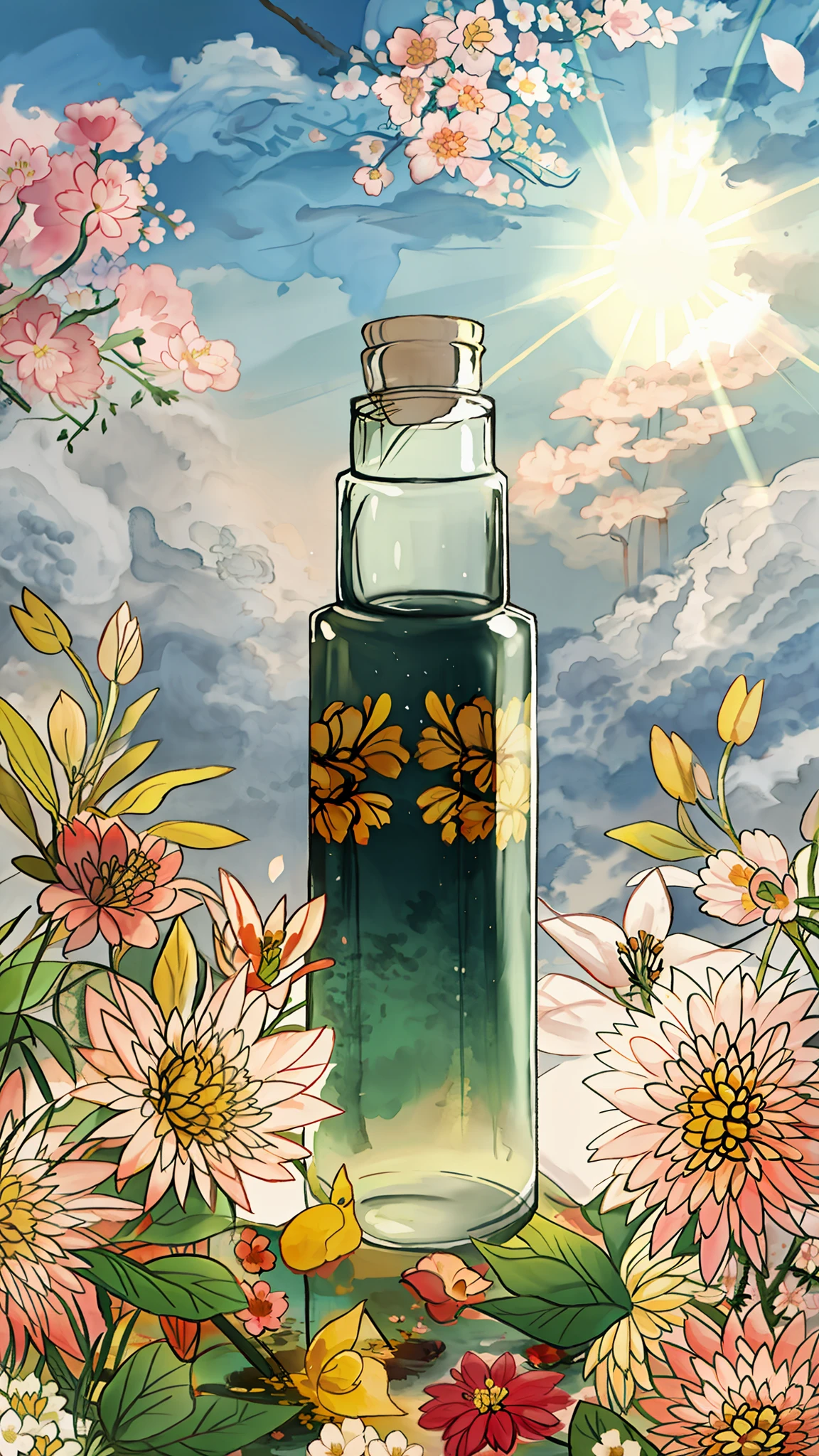 A bottle surrounded by flowers, flowers, colors, vitality, beauty, contrast, nature, life force, sunlight. Beautiful atmosphere, harmonious and comfortable integration