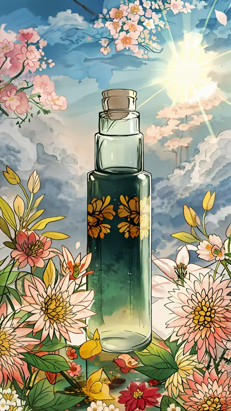 A bottle surrounded by flowers, flowers, colors, vitality, beauty, contrast, nature, life force, sunlight. Beautiful atmosphere,...
