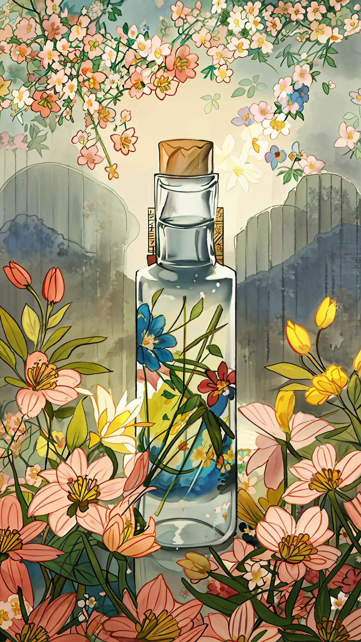 A bottle surrounded by flowers, flowers, colors, vitality, beauty, contrast, nature, life force, sunlight. Beautiful atmosphere, harmonious and comfortable integration