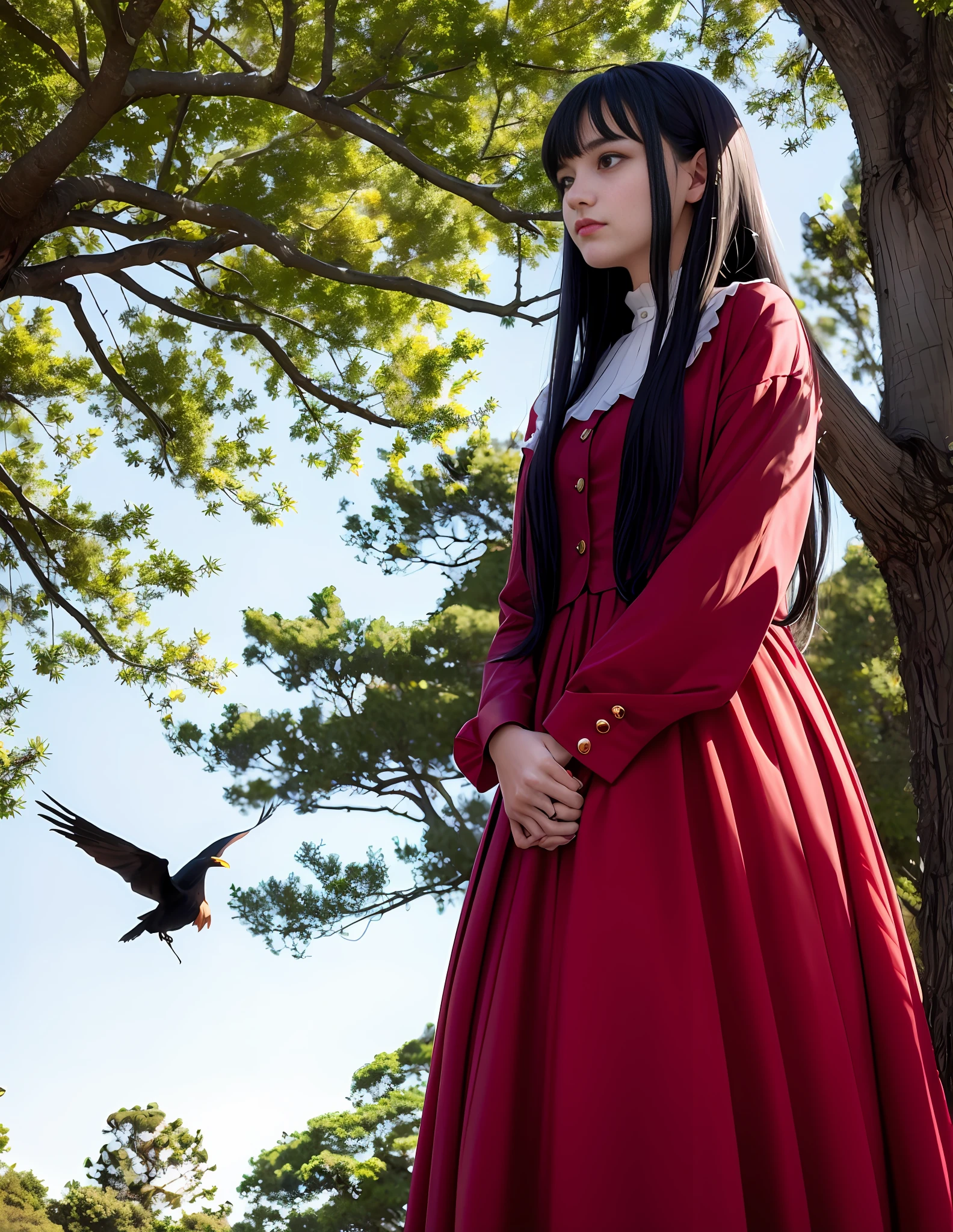 Uma mulher de 18 anos, com longos cabelos pretos, vestido com um terno de bruxa vermelho e branco, debaixo de uma grande árvore, triste, rebanho negro de corvos