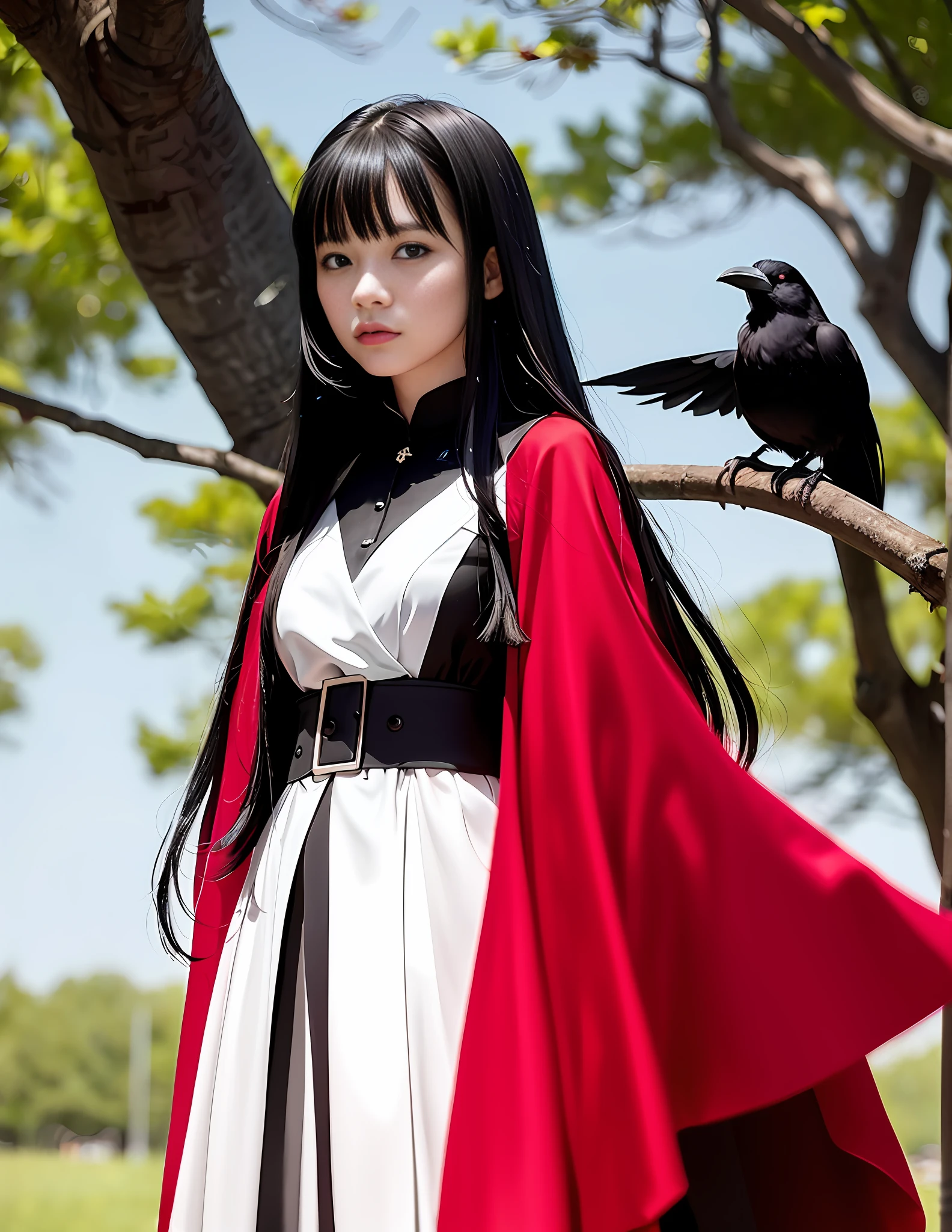 An 18-year-old woman, with long black hair, dressed in a red and white witch suit, under a large tree, sad, black herd of crows