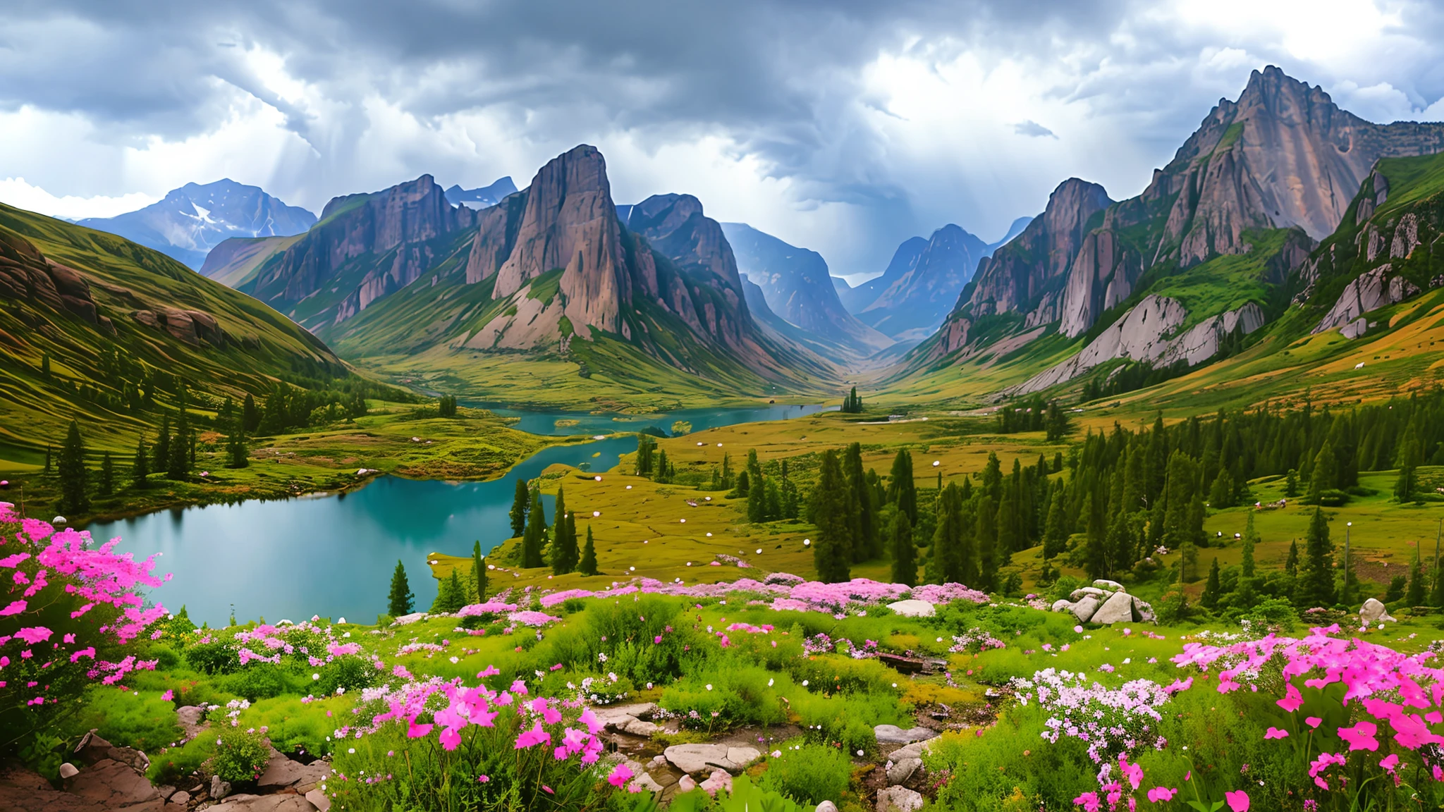 magical,  landscape, mysterious, luminous, dreary, complex, bloom, dreary. expansive, magnificent, god rays, storm, lightning, mountains, valley, boulders, trees, flowers, lake