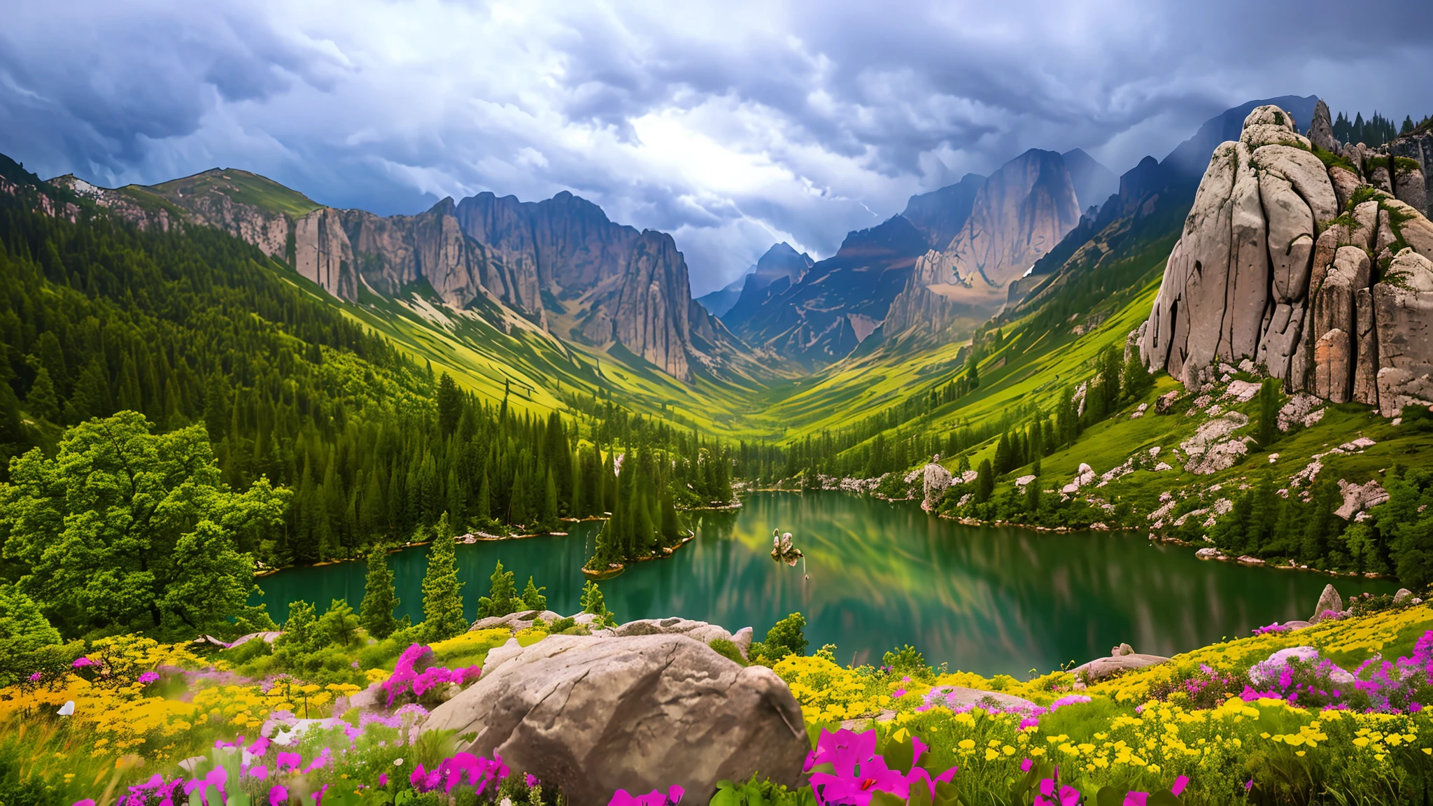 magical,  landscape, mysterious, luminous, dreary, complex, bloom, dreary. expansive, magnificent, god rays, storm, lightning, mountains, valley, boulders, trees, flowers, lake