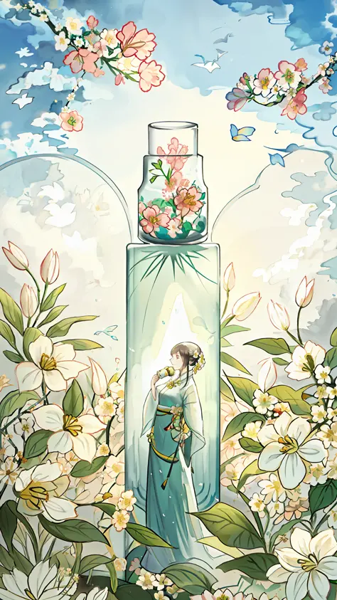 A white round bottle, surrounded by flowers, a young woman standing next to the bottle, delicate face, flowers, color, vitality,...