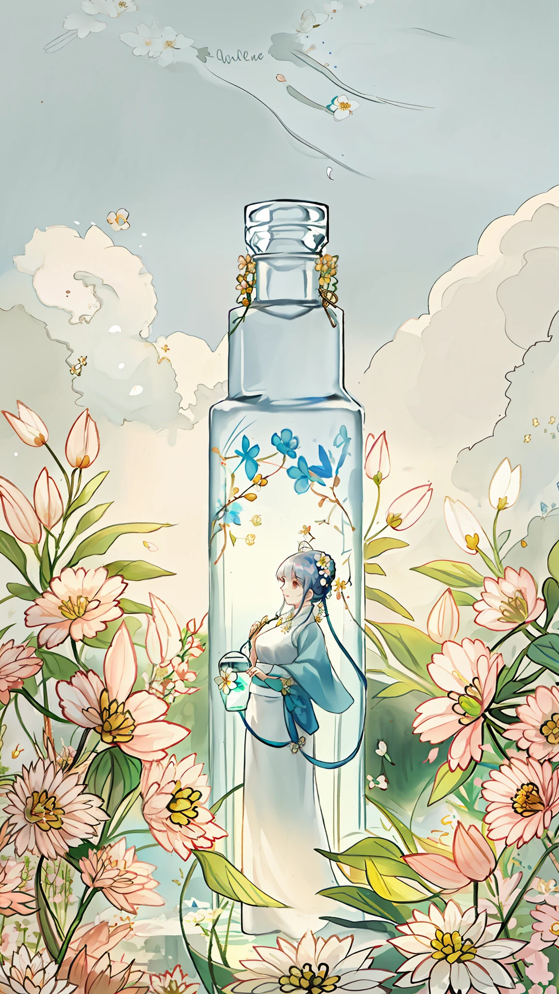 Eine weiße, runde Flasche, surrounded by Blumen, eine junge Frau steht neben der Flasche, Zartes Gesicht, Blumen, Farbe, Vitalität, Schönheit, Kontrast, Natur, Lebenskraft, Sonnenlicht. Schöne Atmosphäre, harmonische und komfortable Integration
