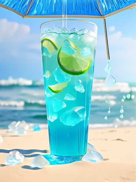 High detail, a glass filled with blue drinks, ice cubes, bubbles, sea beach, umbrella, contour lights