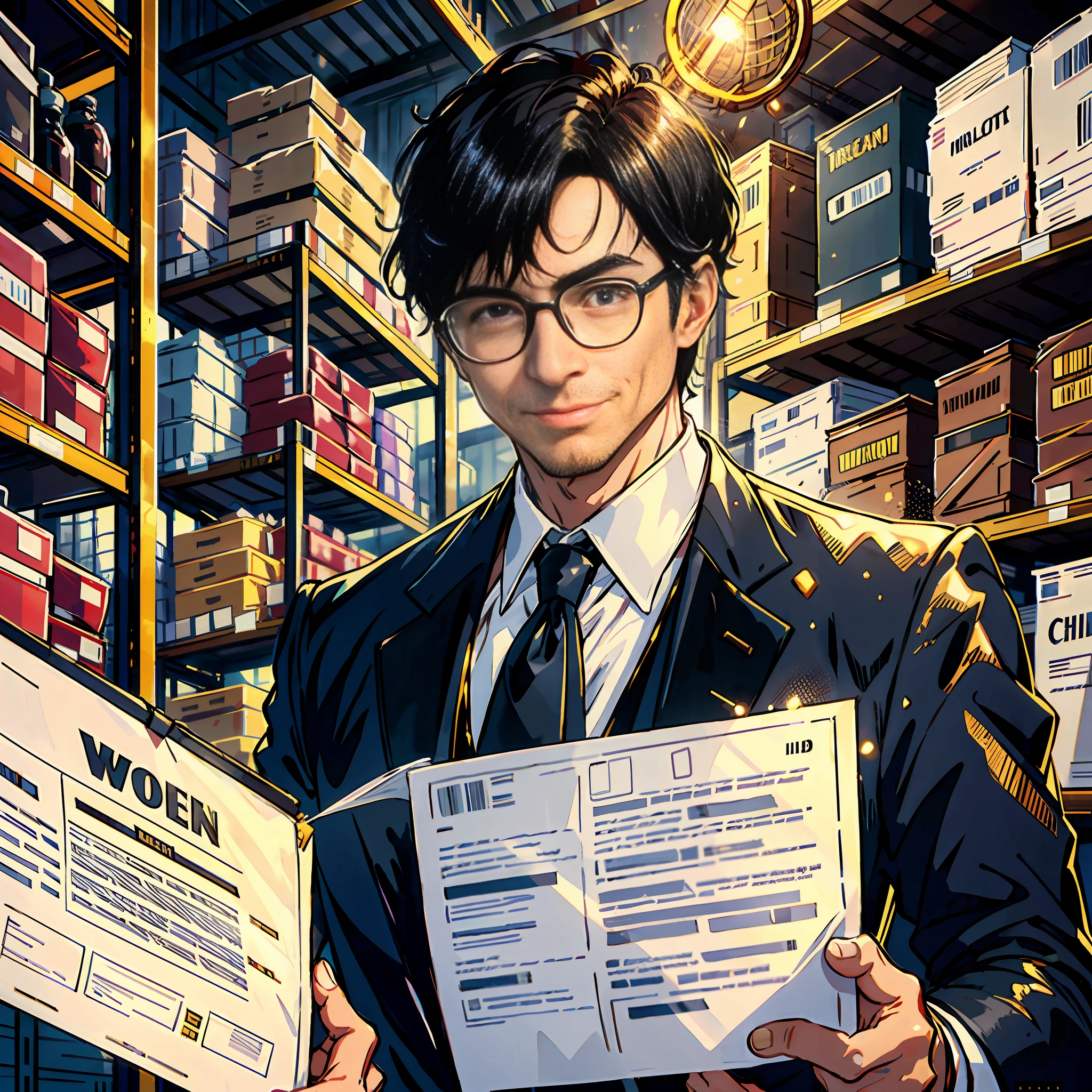 A man, with oily hair, gold-wire glasses, and a black suit, walked over with a smile, holding a contract in his hand, short black hair, in a huge warehouse, piled with meat, highly real, UHD, chiaroscuro, super detailed
