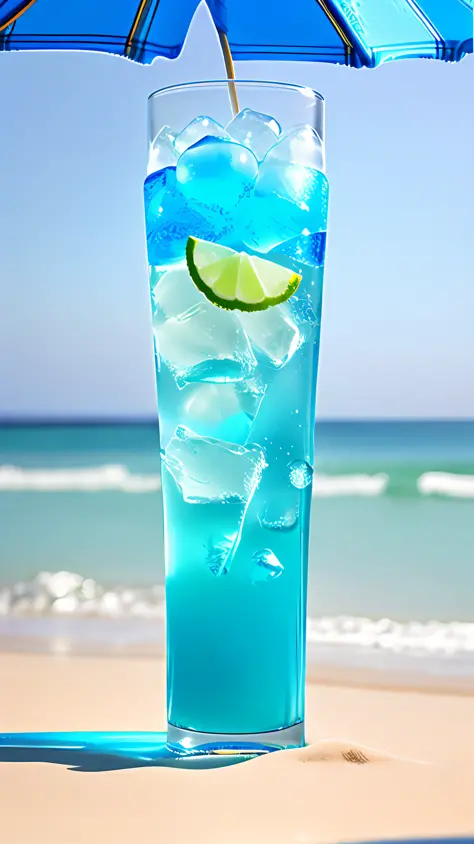 Close-up, high detail, a glass filled with blue drinks, ice cubes, bubbles, sea beach, umbrella, contour lights