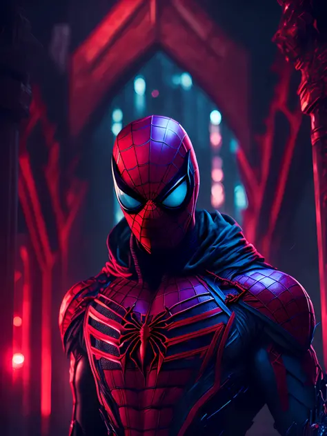 a somber portrait of Carnage + Spider-Man from Marvel, with intricate angular cybernetic implants inside a brutalist building, a gothic brutalist cathedral, cyberpunk, award-winning photos, bokeh, neon lights, cybernetic limb