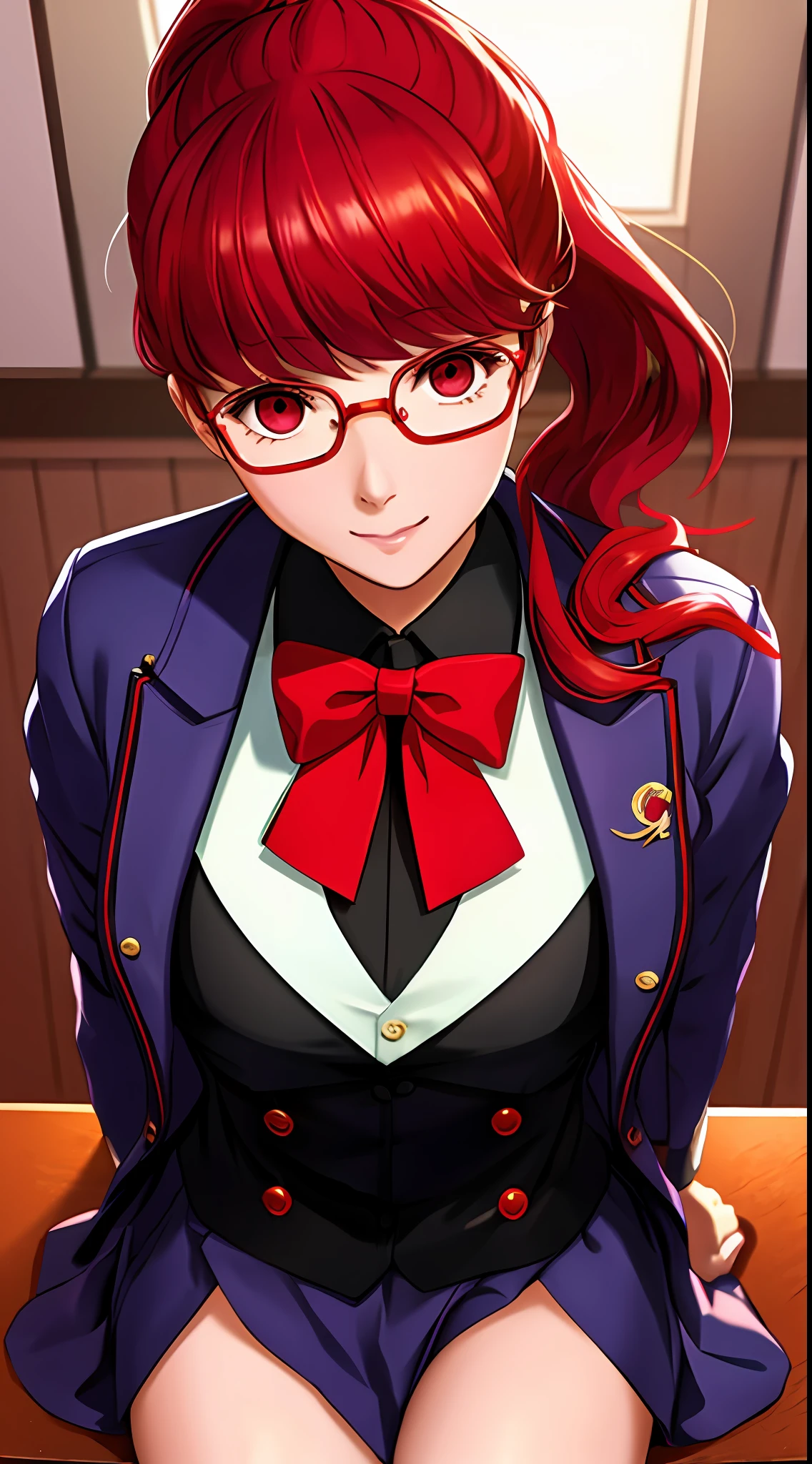 Solo, Sumire Yoshizawa (persona 5, 1female, white skin, Japanese, red eyes, long red hair with bangs and ponytail, small breasts, glasses), anime, ecchi, sitting at a desk, at school, (masterpiece, best quality, 8k, sharp focus, depth of field, best shadows, perfect lights, HDR, realistic skin texture, hyper detailed background), high school uniform, shoulders showing,  Panties