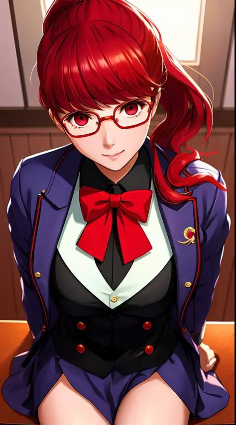 solo, sumire yoshizawa (persona 5, 1female, white skin, japanese, red eyes, long red hair with bangs and ponytail, small breasts...