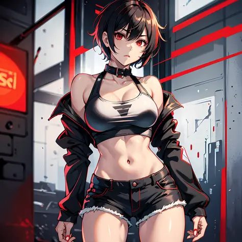 Short hair, red eyes, shorts, strong, black clothes --auto --s2