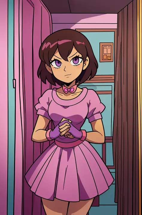 Cartoon girl with short brown hair and a pink dress holding a purple butterfly, like an anime character, Hime cut, Pin in anime, anime look of a cute girl, an anime girl, in an anime style, anime moe artstyle, in the art style of 8 0 s anime, female anime ...