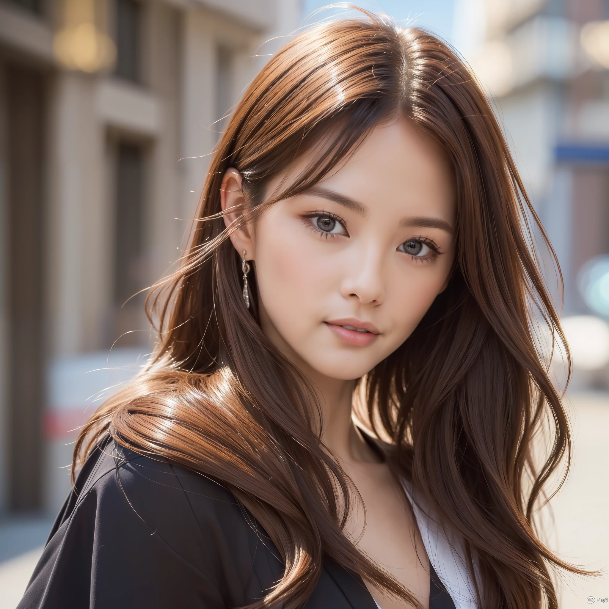 A close up of a woman with long brown hair and a black jacket - SeaArt AI