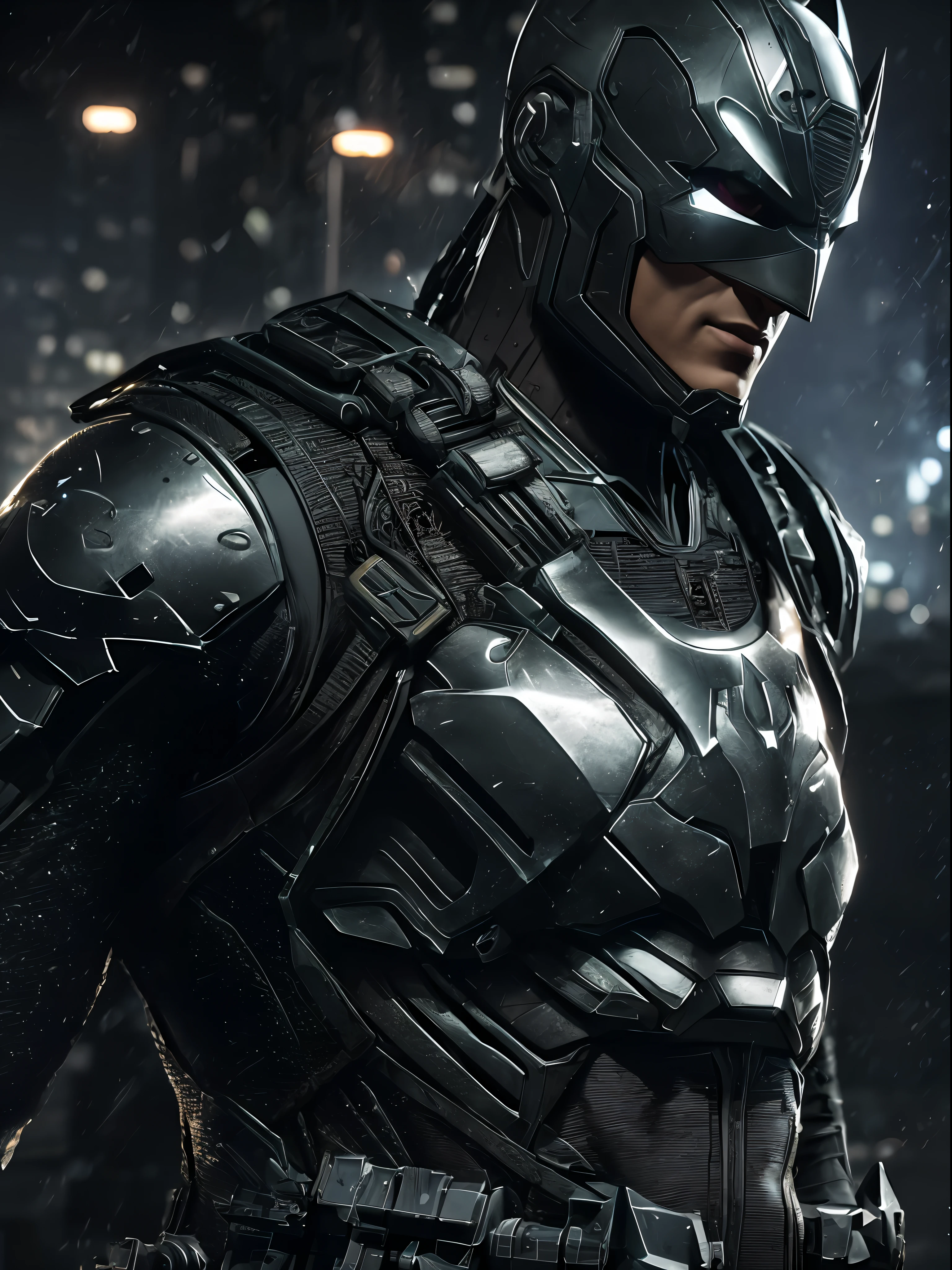 3D Rendering of a [Batman | Ms City, Cyborg] highly detailed using cybernetics and intricate detail armor with armored plates, HDR, 8k, subsurface scattering, specular light, high resolution, octane rendering, ray tracing