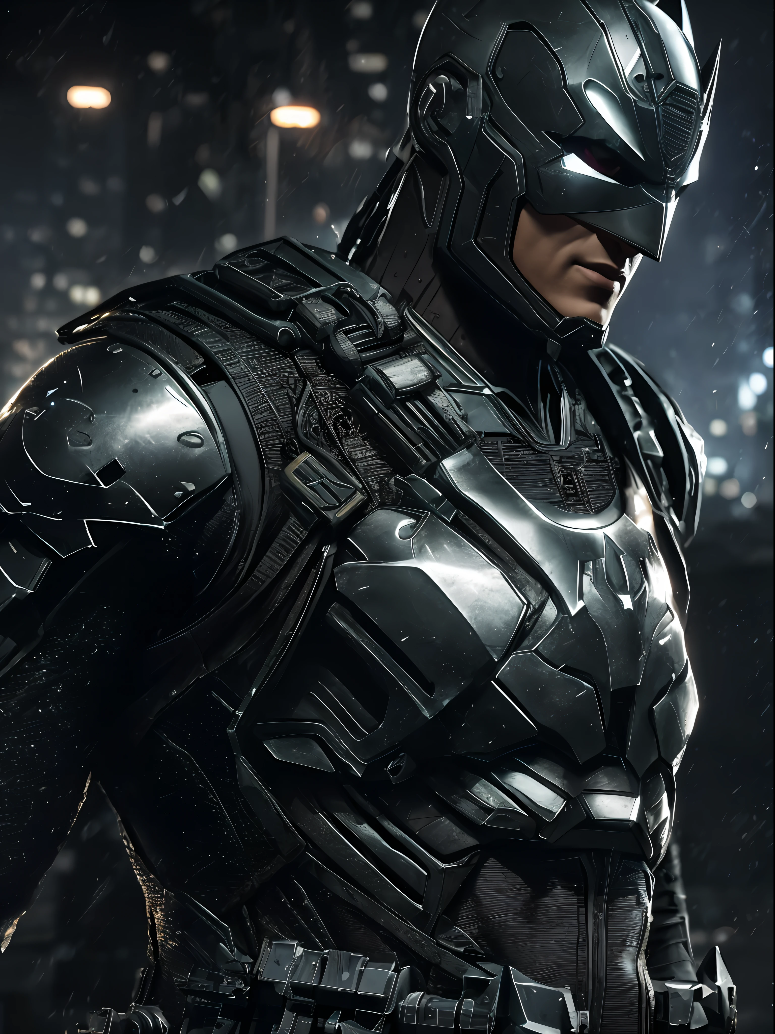 3D-Rendering eines [Batman | Frau Stadt, Cyborg] hochdetaillierte Kybernetik und aufwendige Detailrüstung mit Panzerplatten, HDR, 8k, Untergrundstreuung, spiegelndes Licht, Hohe Auflösung, Oktan-Rendering, Raytracing