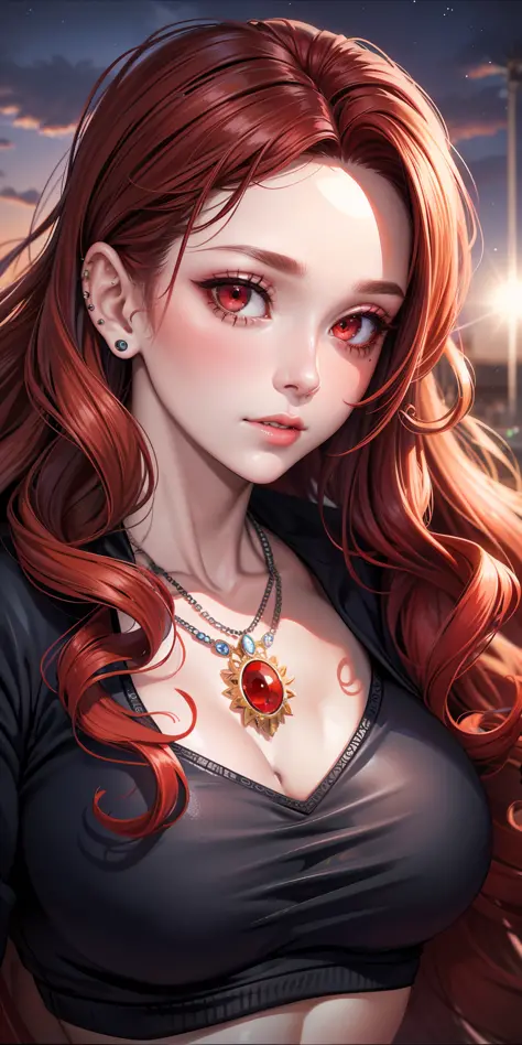 (Face Close-up: 1.5),(Realistic),1 Girl,Gal Style,Red Hair,Long Hair,(Curly:1.3),Red Eyes,Glowing Eyes,Shy Expression,Beautiful Lips,Body Piercings for Ears,Necklace,Crop Top,Skirt,Parted Lips,Blushing,Night, Flower, Sun, Sunlight,Selfie with Smartphone